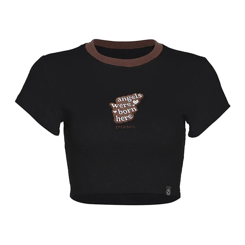 Y2K Baby Tee - Vintage Streetwear Graphic Crop Top with Letter Print | Round Neck Short Sleeve Casual T-Shirt for Women | Perfect for Music Festivals, Street Style & 90s Retro Outfits