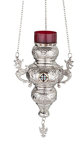Greek Orthodox Christian Bronze Hanging Oil Lamp with Chain & Red Glass - Vintage Votive Candle Holder for Home Altar, Church Decor & Spiritual Rituals