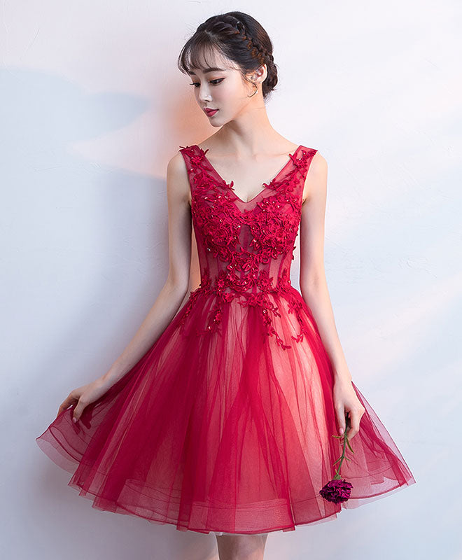 Elegant Burgundy V-Neck Tulle Lace Short Prom Dress | Homecoming Party Gown | Perfect for Dances, Formals & Special Occasions