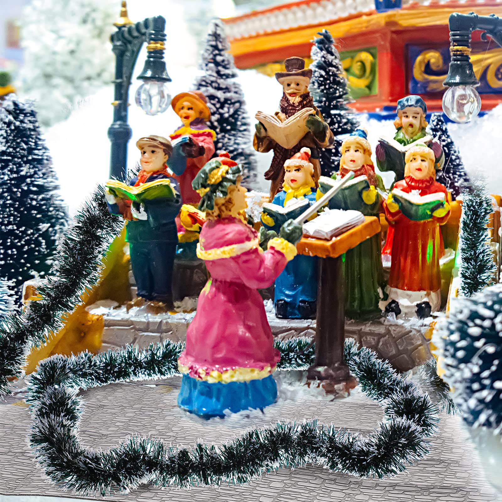 Christmas Village Accessories - Mini Flexible Sisal Hedge Pine Trees with Snow Brick Road Street Mat Decor for Winter Holiday Displays | Perfect for Christmas Village Scenes, Winter Wonderland Dioramas & Holiday Home Decor