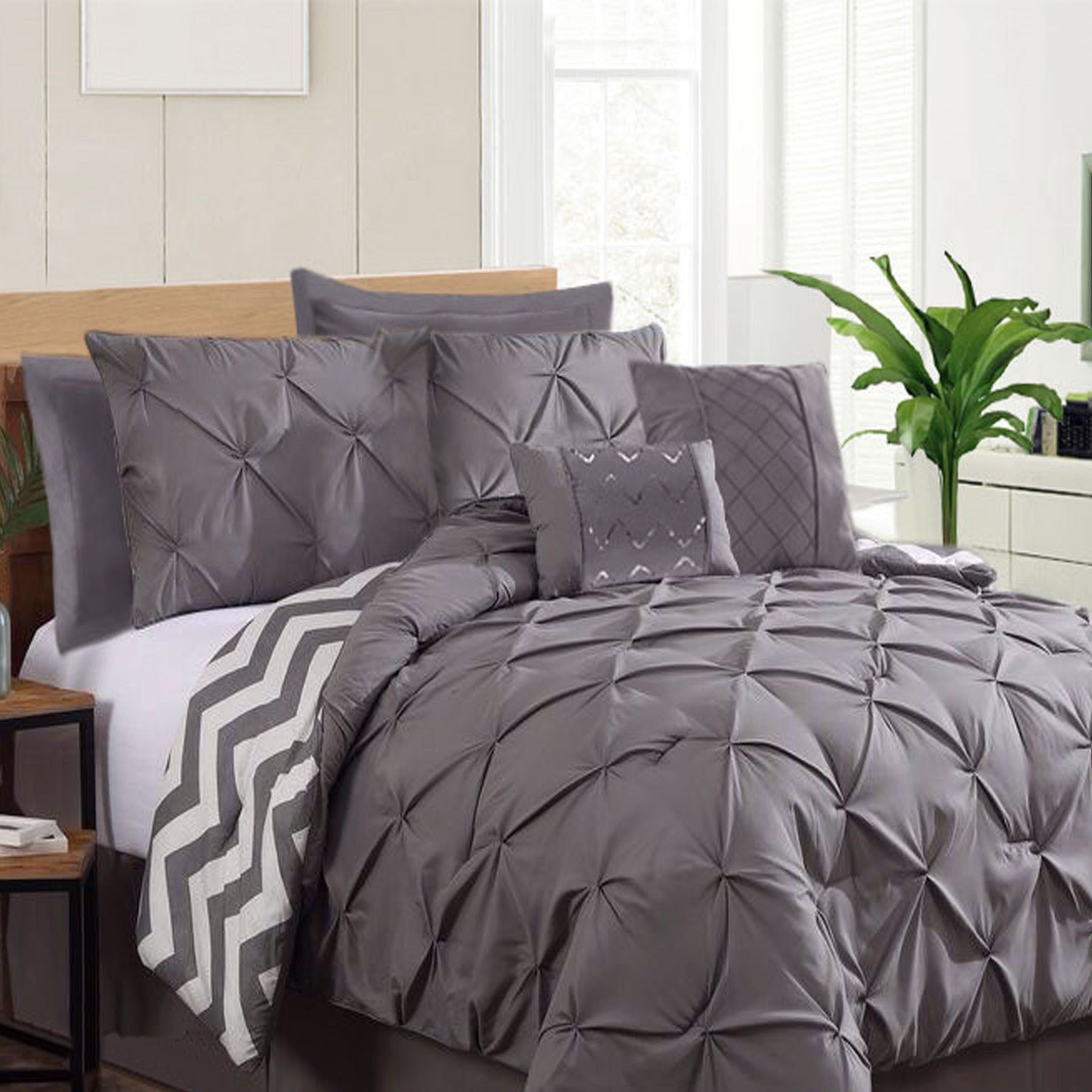 7-Piece Pinch Pleat Comforter Set - King Size Charcoal Gray - Luxury Bedding for Master Bedroom & Guest Room