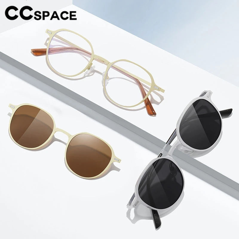 CCspace Women's Full Rim Round Alloy Eyeglasses with Clip-On Sunglasses - Stylish Prescription Glasses & UV Protection Shades for Work, Driving, and Outdoor Activities (Model 302078)