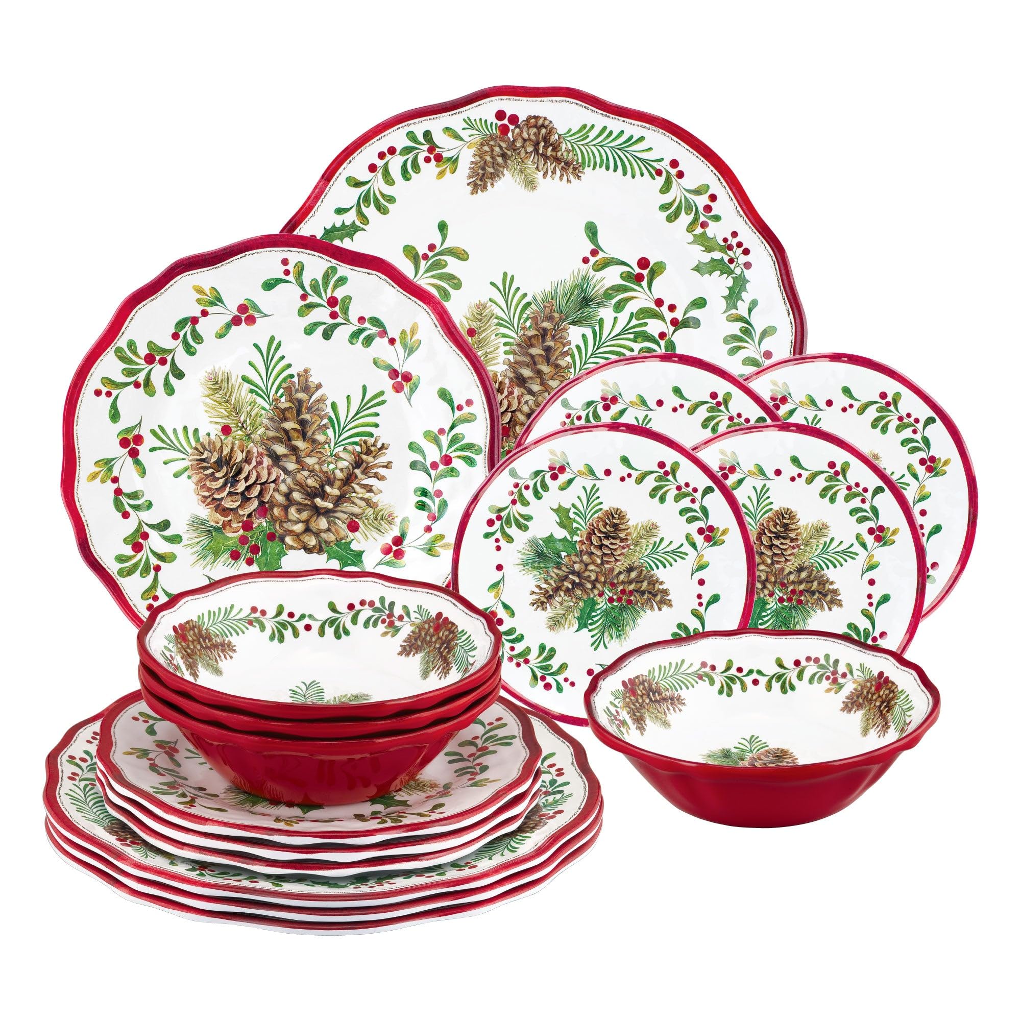 UPware 16-Piece Melamine Dinnerware Set - Shatterproof & Lightweight Tableware for 4, Includes Dinner Plates, Salad Plates, Dessert Plates & Bowls (Pinecone Design) - Perfect for Outdoor Dining, Picnics, Camping & Everyday Use