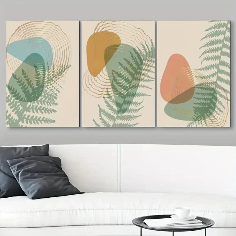 3-Piece Abstract Botanical Green Leaves Orange Metal Wall Art - Ready to Hang Canvas Prints for Living Room, Bedroom & Office Decor