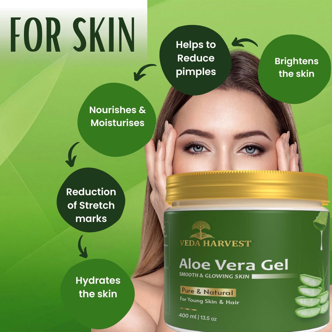 Veda Harvest Aloe Vera Gel Moisturizer 400ml - Organic Skin & Hair Care for Oily Skin, Anti-Aging, Hydration & Dandruff Treatment | Soothing Multipurpose Gel for Face, Body & Scalp | Eco-Friendly Glass Jar | Perfect for Daily Skincare & Hair Growth Routine