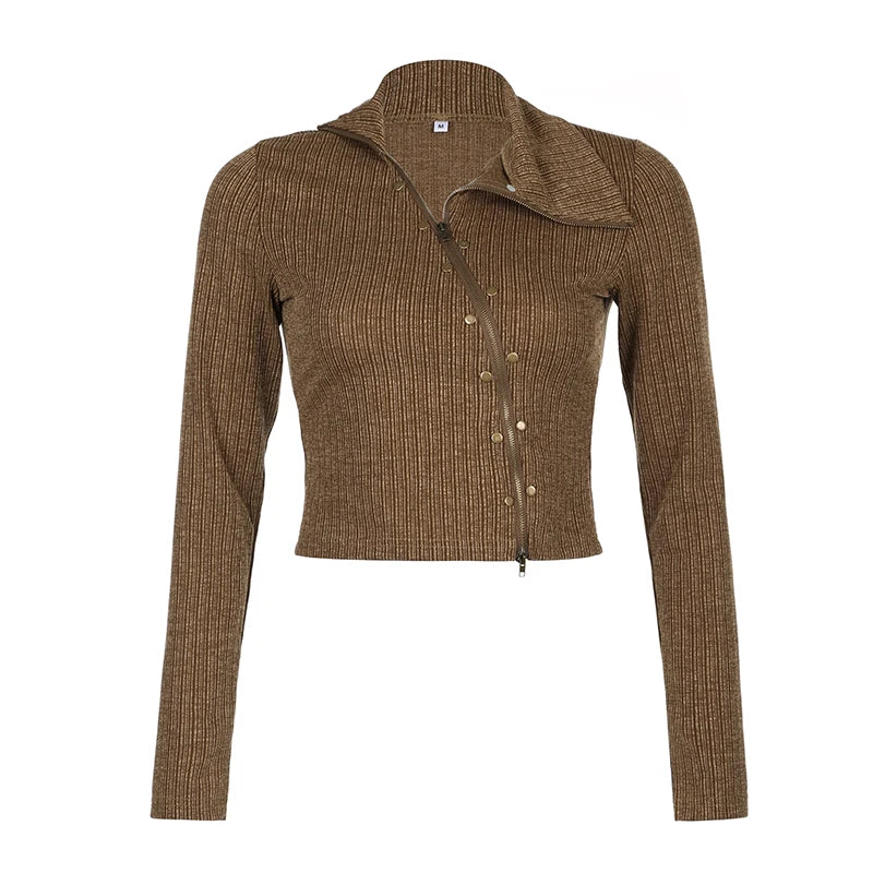 Vintage Asymmetrical Skinny Crop Top Jacket for Women - Fashionable Zipper Rivet Chic Shirts & Outerwear | Perfect for Autumn Outfits, Casual Wear, and Night Out Looks