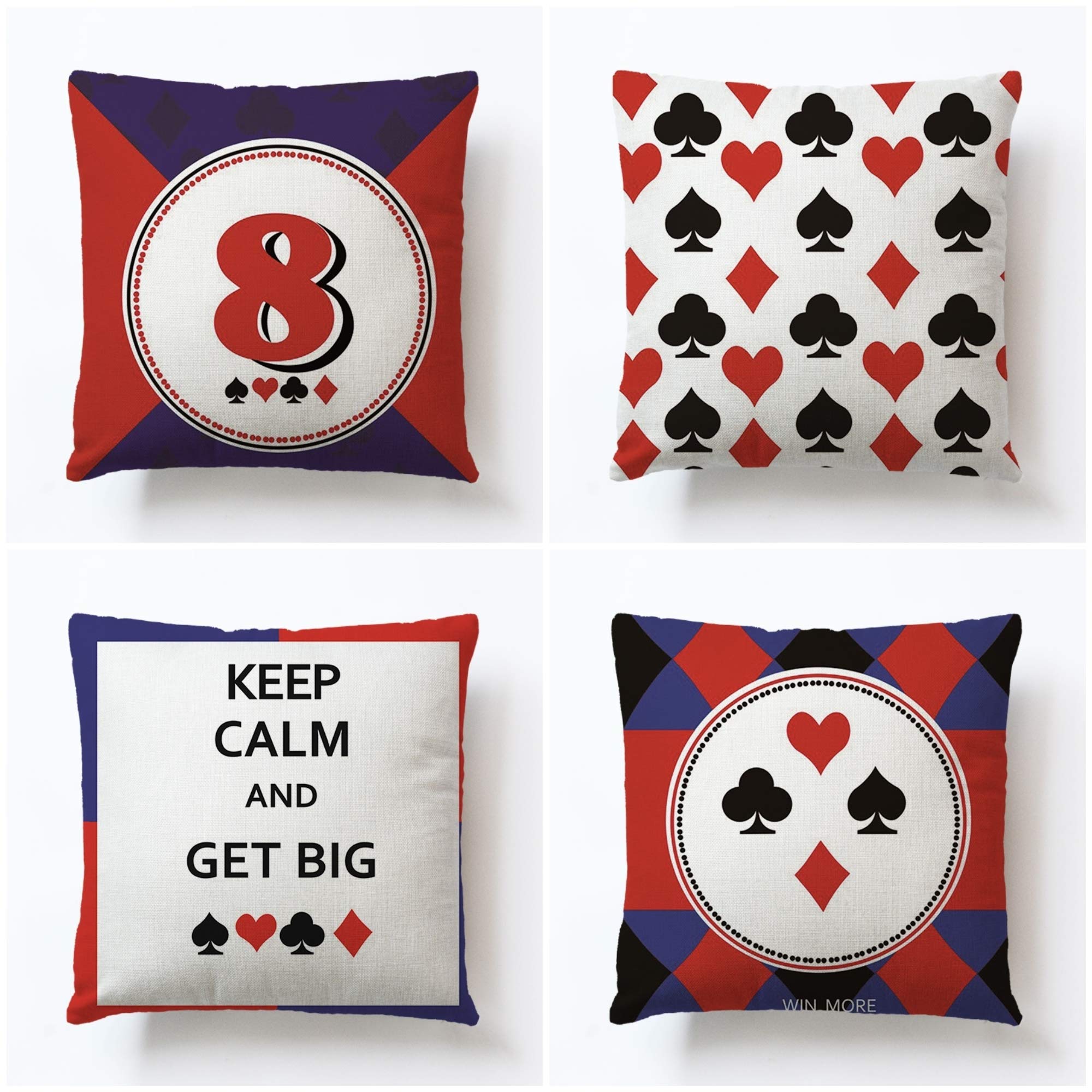 VenusL Set of 4 Decorative Throw Pillow Covers - Navy Red Poker Card Design (Club, Diamond, Heart & Spade) with Lucky Red Eight, One-Side Printed Cotton Linen 18x18 Inch (45x45cm) - Perfect for Home Decor, Game Room, Poker Party & Living Room Accents