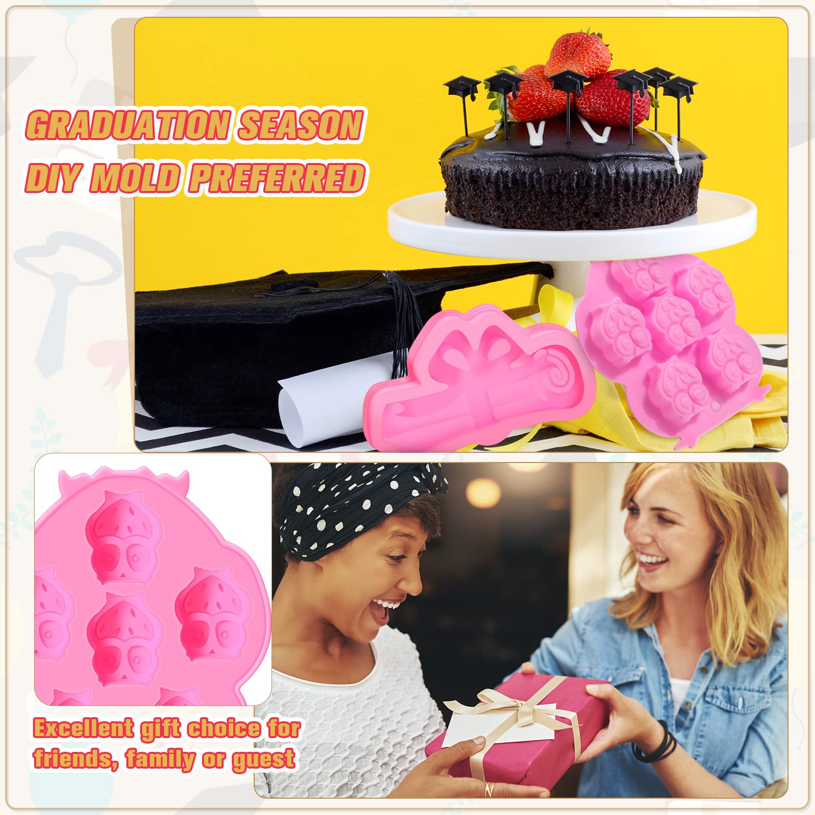 4 Pack Graduation Silicone Molds Set - Owl, Diploma Scroll & Grad Cap Candy Molds for Fondant, Cake Toppers - Perfect for Graduation Parties, Teacher Gifts & DIY Dessert Decorations