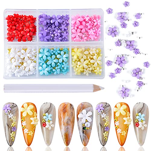 JERCLITY 3D Flower Nail Charms - Silver & Gold Rhinestone Nail Studs for Acrylic Nails, Resin Flowers & Steel Ball Nail Art Accessories with Pickup Pencil - Perfect for DIY Nail Designs, Manicures & Professional Salon Use