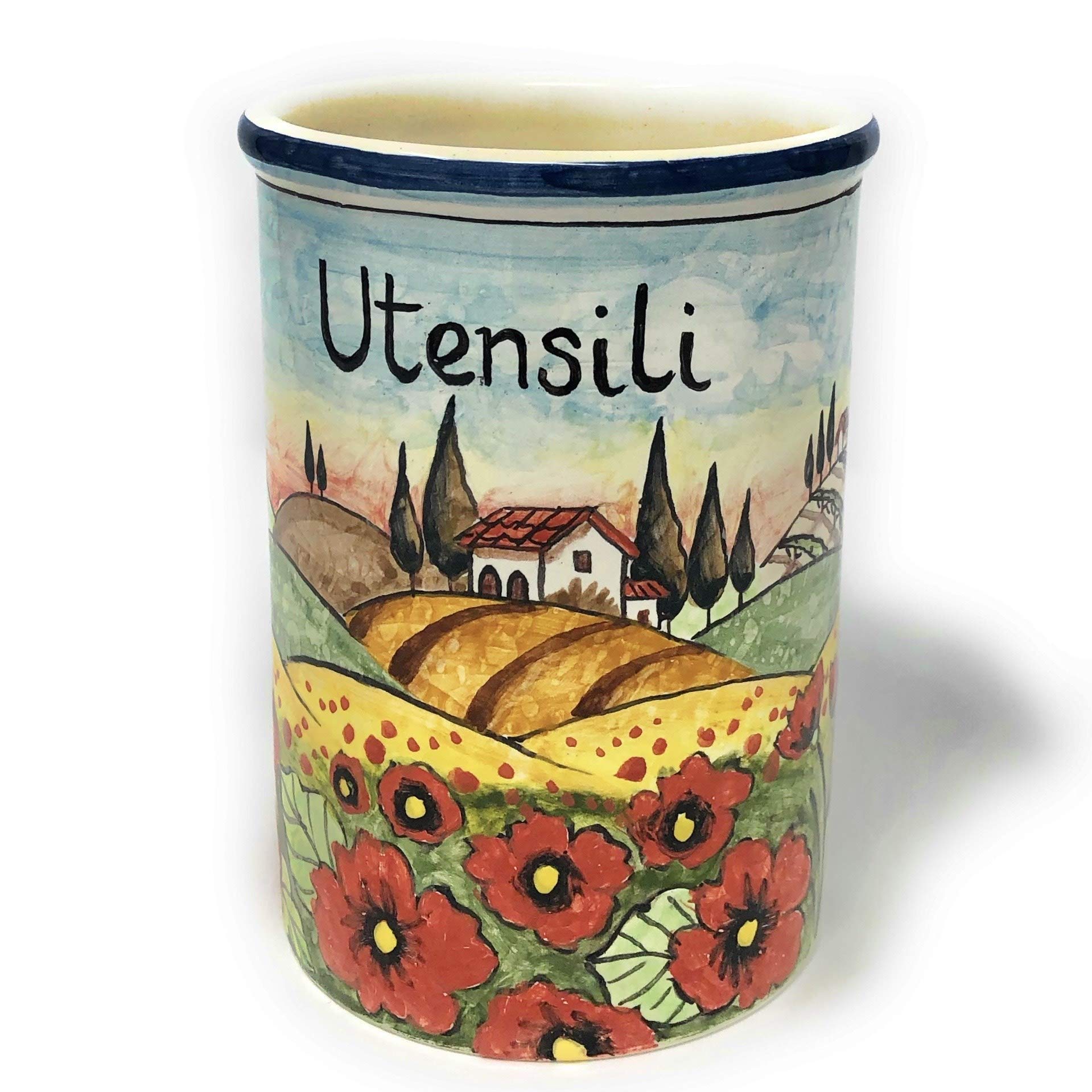 Italian Ceramic Utensil Holder - Hand Painted Tuscan Landscape with Poppies - Art Pottery Made in Italy | Perfect for Kitchen Organization & Rustic Home Decor
