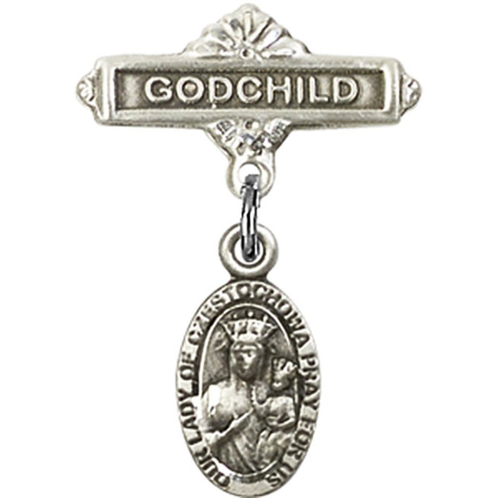 Sterling Silver Baby Badge with Our Lady of Czestochowa Charm - Religious Godchild Pin (1