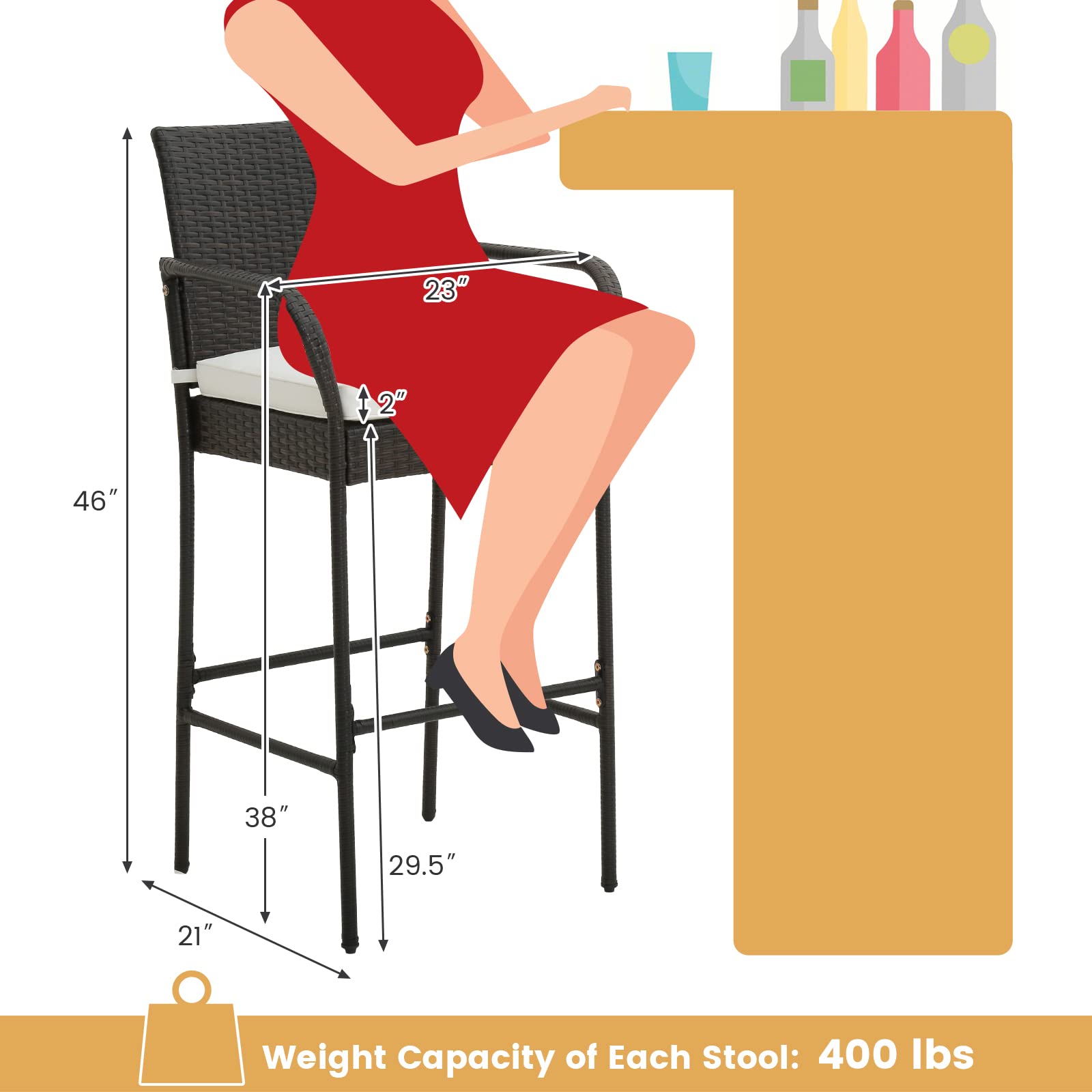 HAPPYGRILL 4-Piece Wicker Bar Stool Set with Armrests, Footrests & Cushions - High Back Outdoor Bar Chairs for Patio, Balcony, Poolside & Backyard Entertaining