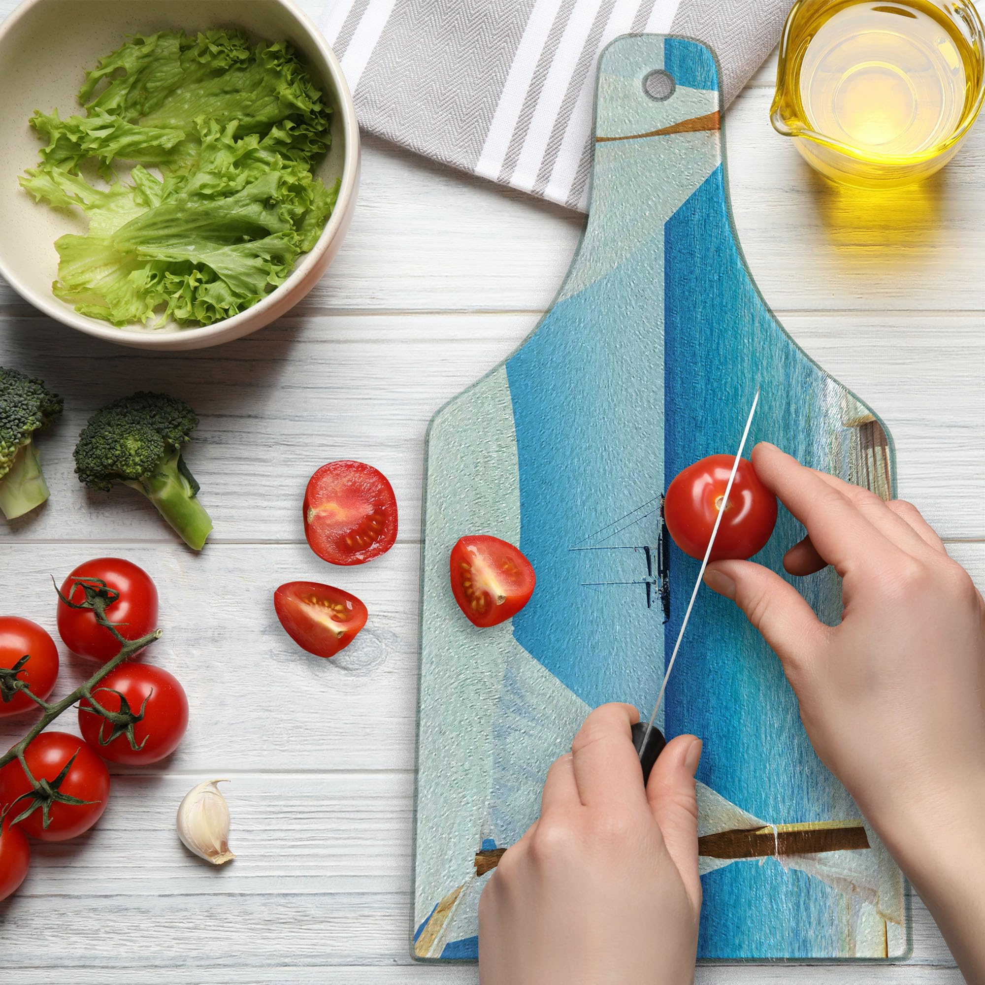 Ambesonne Balinese Beach Cutting Board - Tempered Glass Decorative Serving Board with Summer Sunshine & Clear Sky Design, Wine Bottle Shape in Blue & White | Perfect for Kitchen, Dining, Wine & Cheese Parties, Spa-Themed Decor