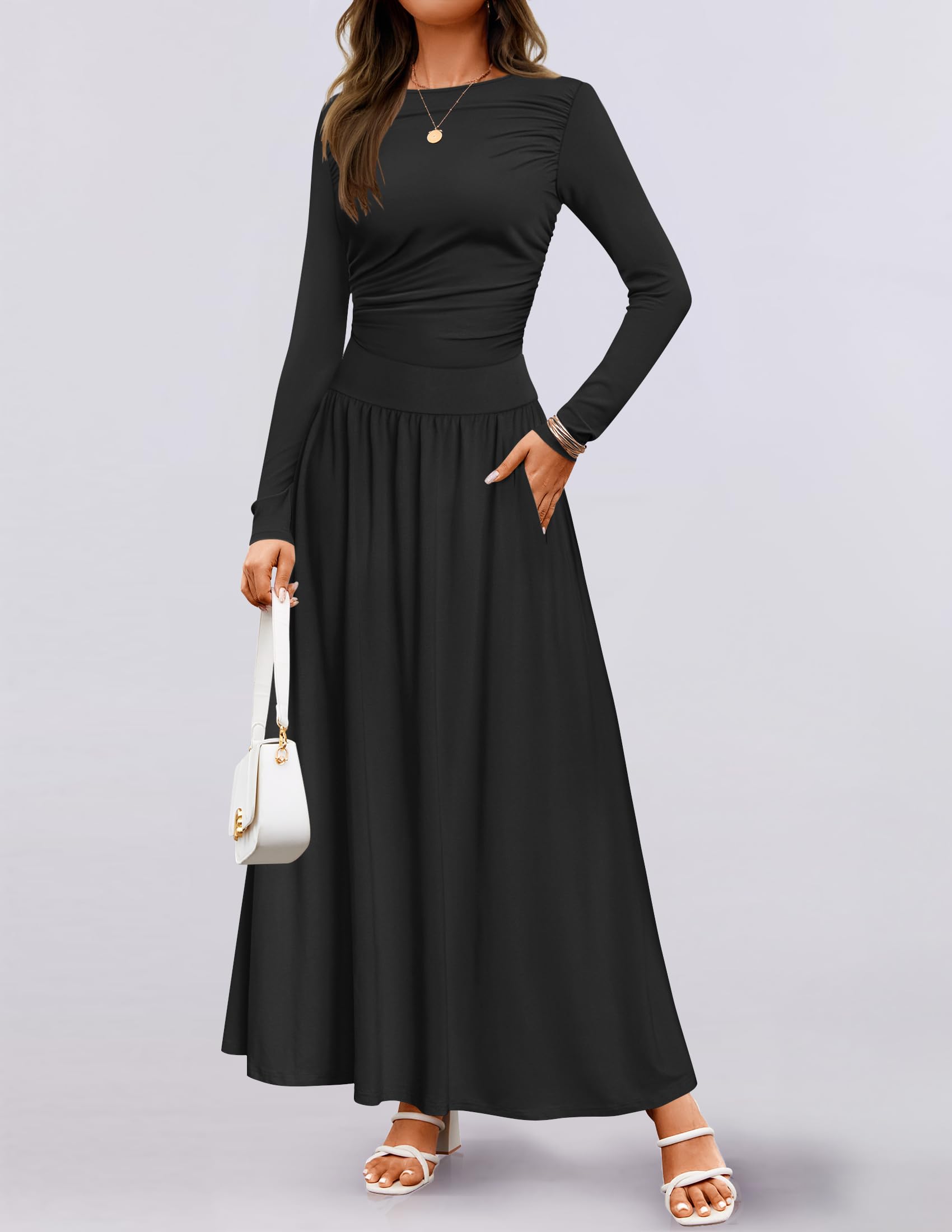 ZESICA Women's Long Sleeve Maxi Dress 2025 - Crewneck Knit Casual Swing Dress with Pockets | Spring Summer Slim Pleated Midi Dress for Beach, Party & Office Wear