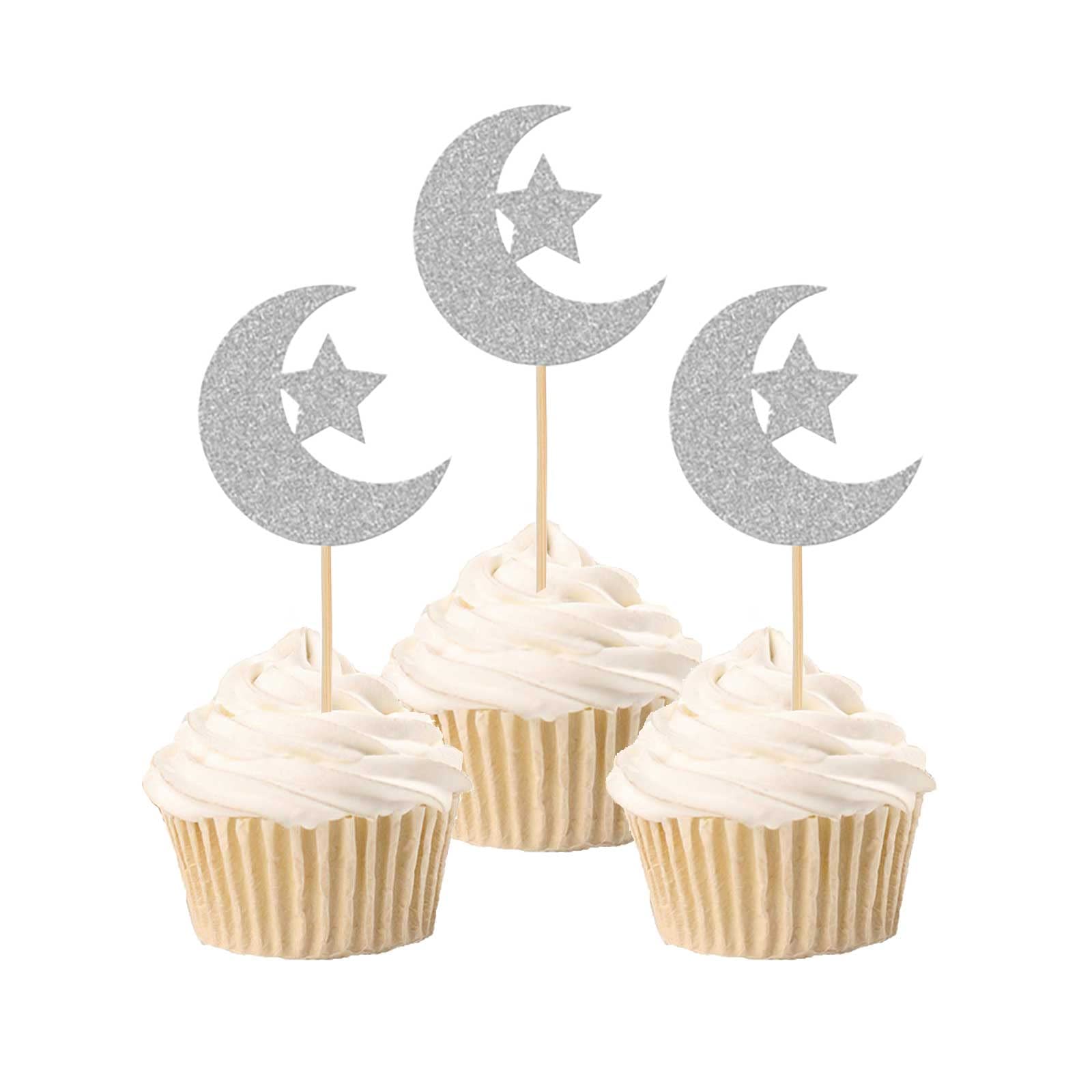 24pcs Silver Moon Star Cupcake Toppers - Glitter Eid Mubarak Cake Decorations, Food Picks for Wedding, Birthday, Baby Shower, Ramadan Kareem Party Supplies - Perfect for Festive Celebrations & Dessert Displays