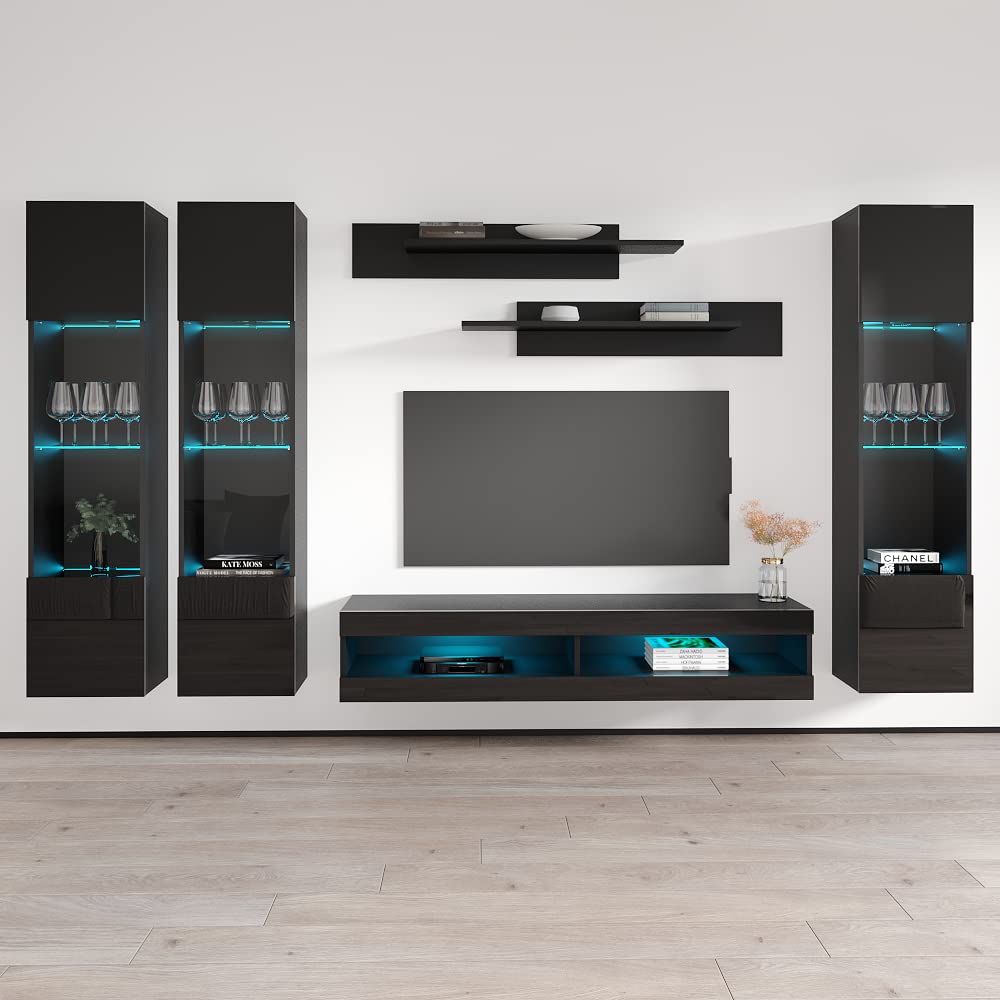 Modern Wall-Mounted TV Stand with Storage Shelves & LED Lights - 34