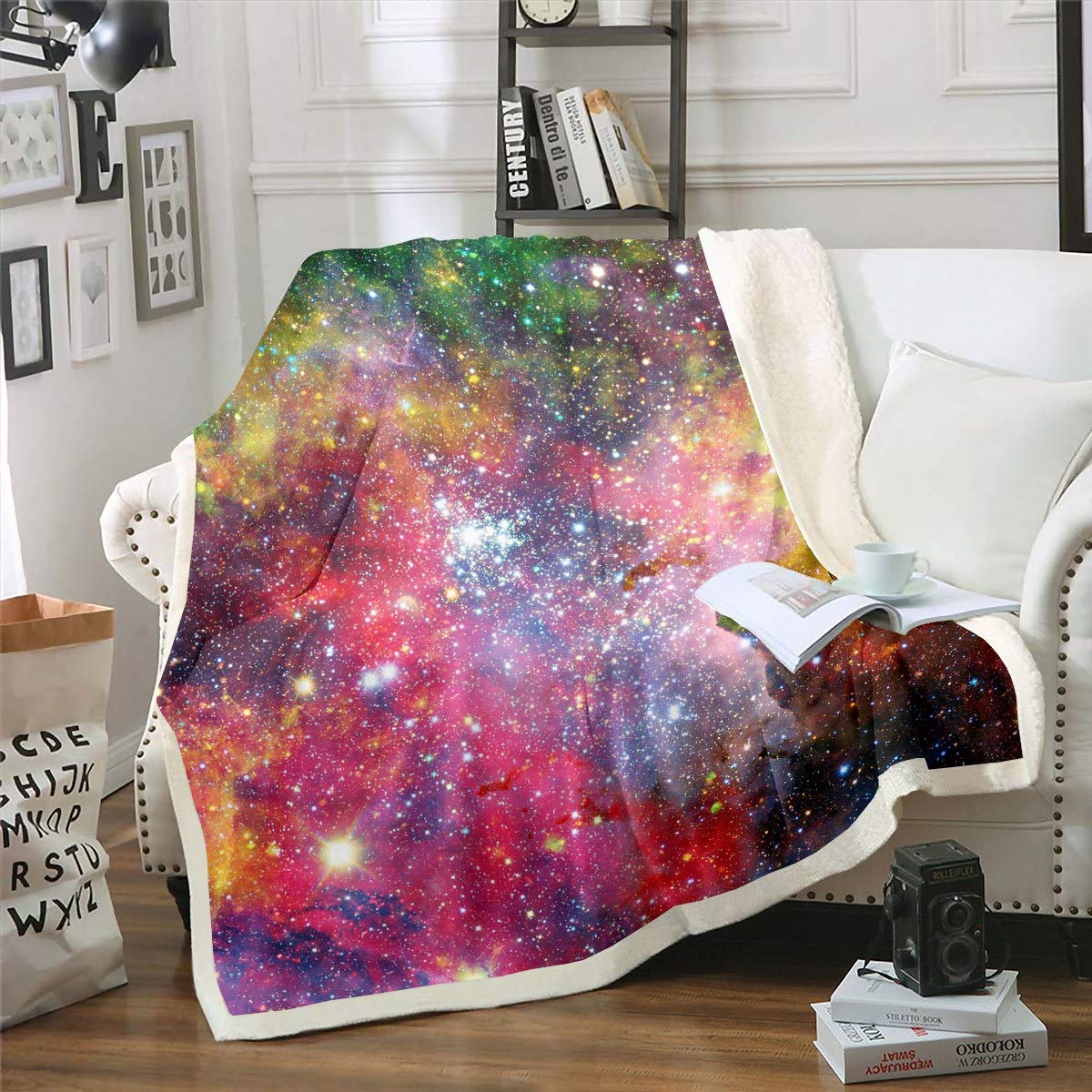 Galaxy Fleece Throw Blanket for Girls & Kids - Ultra Soft Sherpa Blanket with Starry Sky Universe Design - Breathable Microfiber Plush Blanket for Sofa, Bed, Couch - Queen Size 90x90 Inch - Perfect for Cozy Nights, Movie Time & Nursery Decor