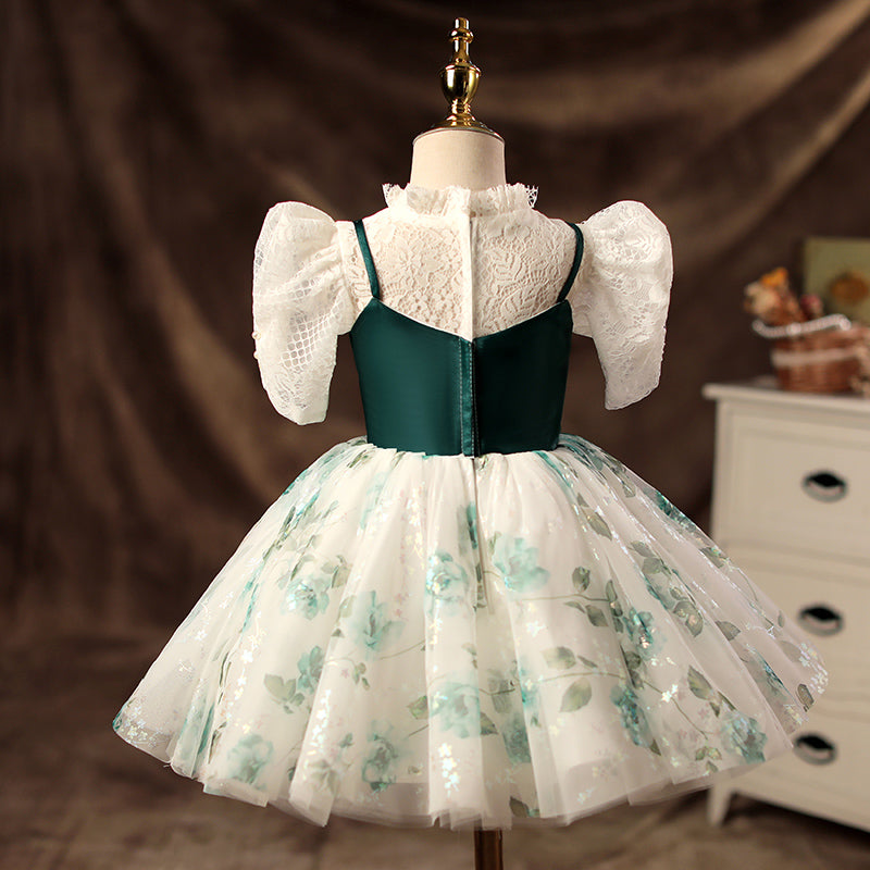 Elegant Green Satin Lace Princess Flower Girl Dress with Puff Sleeves - Perfect for Weddings, Birthday Parties & Special Occasions