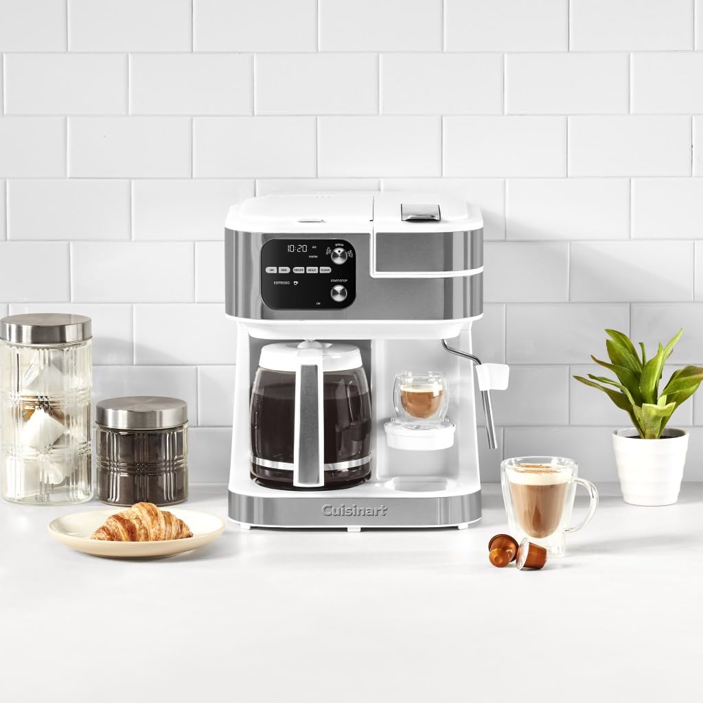 Cuisinart 4-in-1 Coffee Maker Barista System - Single Serve, Espresso & Nespresso Capsule Compatible Coffee Machine with 12-Cup Glass Carafe (White, SS-4N1W) - Perfect for Home, Office and Small Cafes