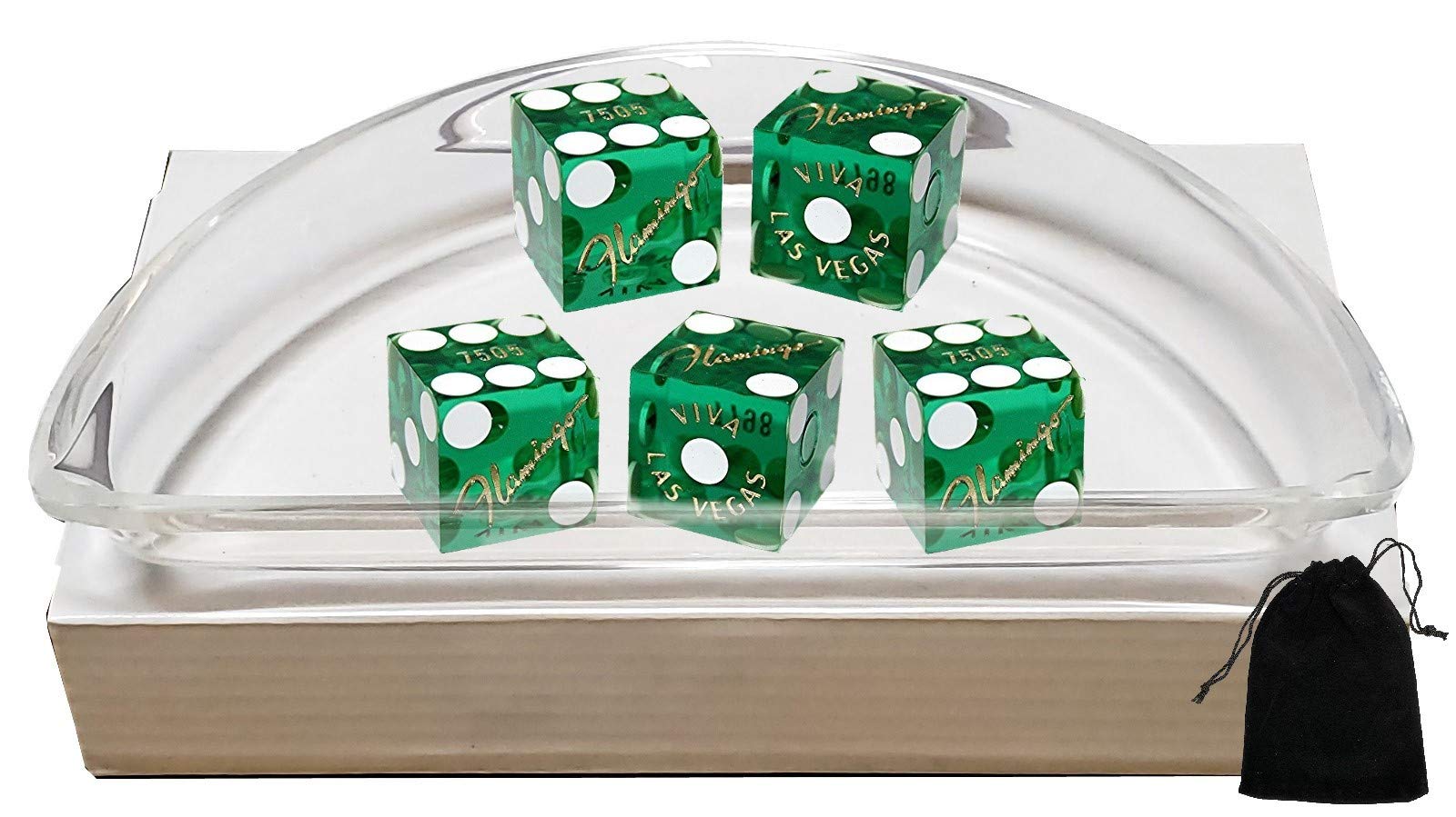Premium Set of 5 Las Vegas Casino 19mm Professional Craps Dice with Clear Acrylic Dice Boat & Black Velvet Pouch - Flamingo Green Polished Edition for Casino Games, Gambling, Backgammon & Tabletop Gaming