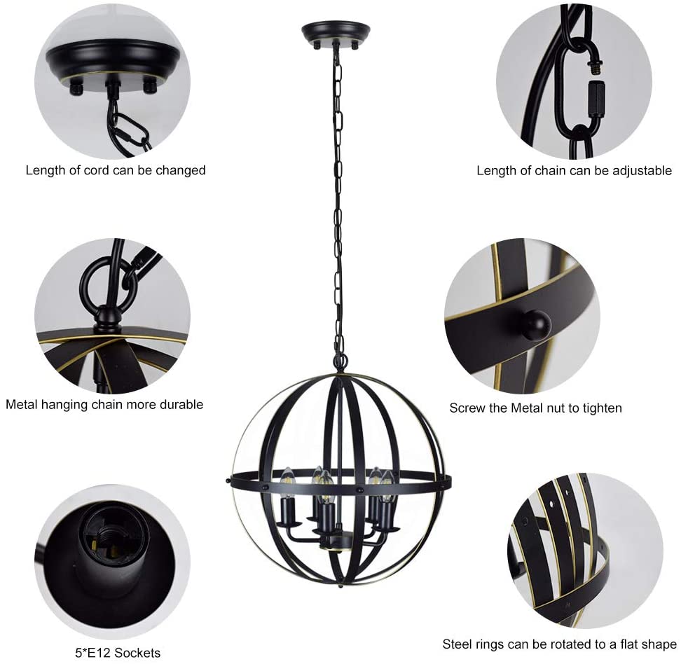 Depuley Rustic 5-Light Globe Chandelier - Adjustable Hanging Pendant Light Fixture with Spherical Metal Shade for Kitchen Island, Dining Room, Living Room, Hallway & Entryway - Farmhouse & Industrial Style Ceiling Lighting (Burnished Gold/Matte Black) - Perfect for Home Decor, Wedding Venues & Restaurants