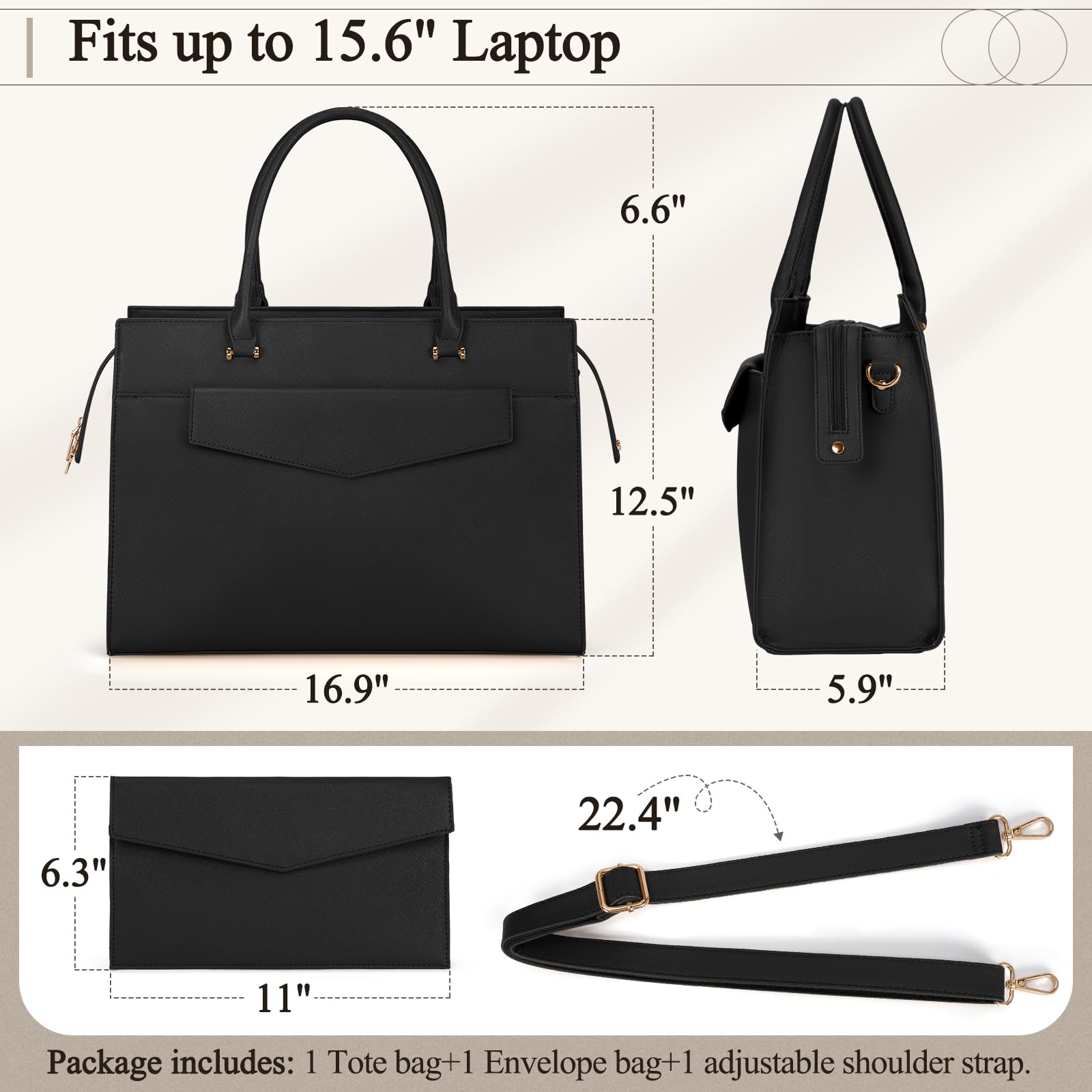 Stylish 15.6 Inch Leather Laptop Tote Bag for Women - Professional Work Bag with Matching Clutch Purse (2-Piece Set) - Perfect for Office, Business Travel, Teaching & Daily Commute - Black