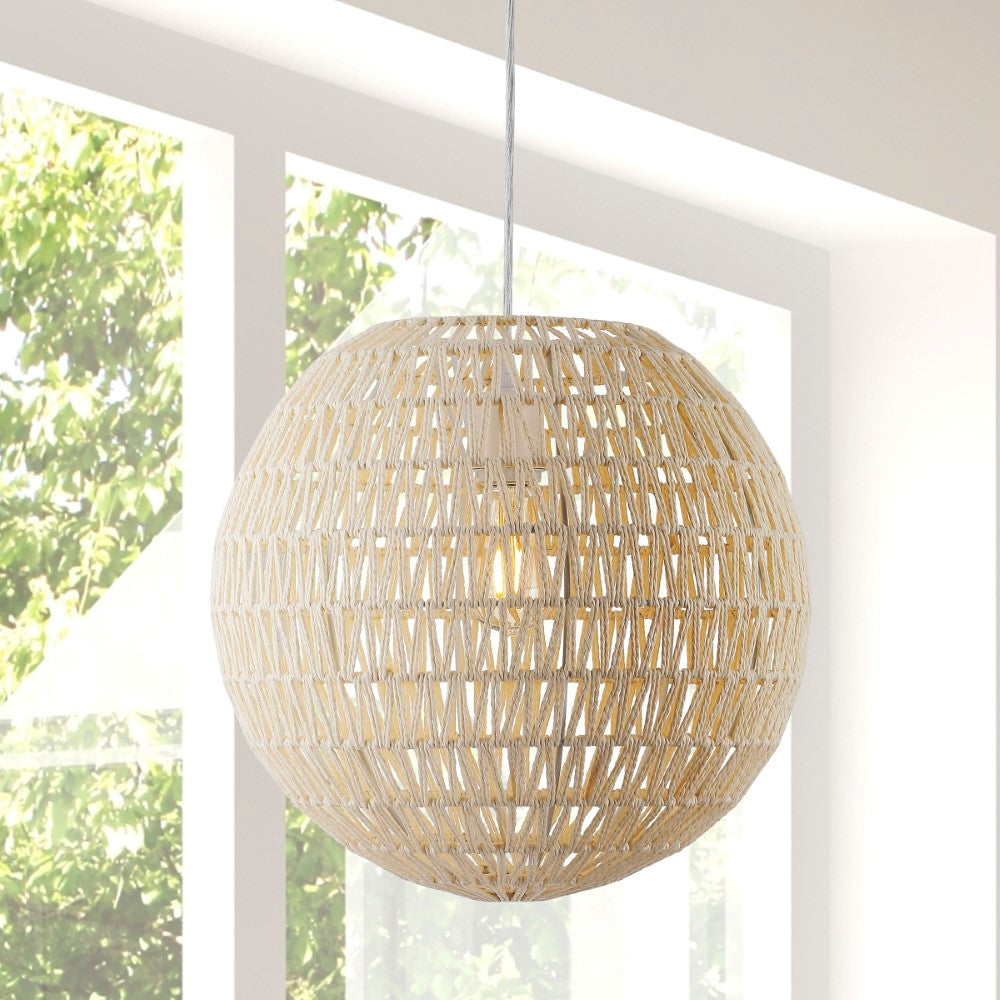15.75 Inch Luna Bohemian Modern Woven Rattan & Iron LED Pendant Light - Perfect for Dining Room, Kitchen Island, or Bedroom Lighting