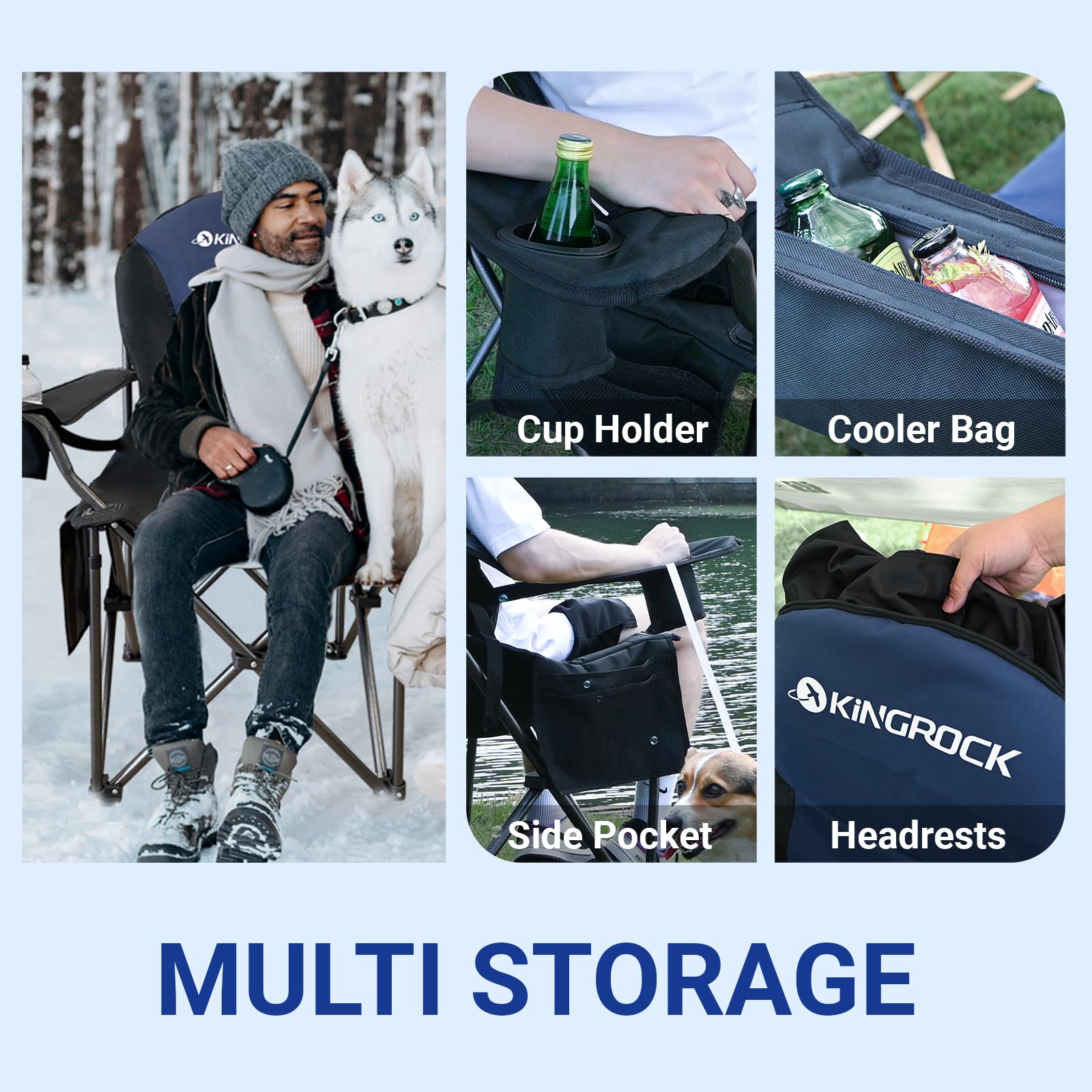 KINGROCK Oversized Heavy Duty Camping Chair with Lumbar Support - Portable Folding Chair with Padded Armrests, Built-in Cooler Bag & Cup Holder - Perfect for Outdoor Camping, Beach, Picnics, Backyard & Tailgating