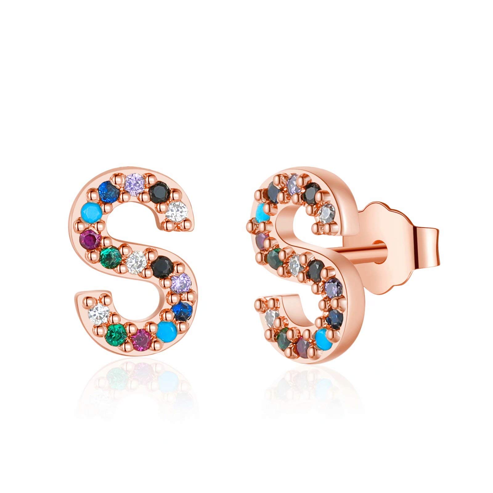 Hypoallergenic 925 Sterling Silver Initial Stud Earrings for Women & Girls - Gold Plated Rainbow Cubic Zirconia Letter Jewelry - Perfect Birthday Gift, Anniversary Present & Everyday Fashion Accessory