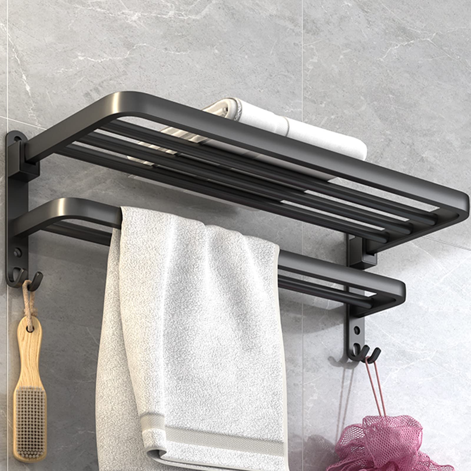 BOZWELL 24-inch Matte Black Bathroom Towel Rack with Double Bars & Hooks - Wall Mounted Towel Holder Shelf for Bath, Kitchen, Laundry Room - Space Saving Storage Solution for Hand Towels & Washcloths