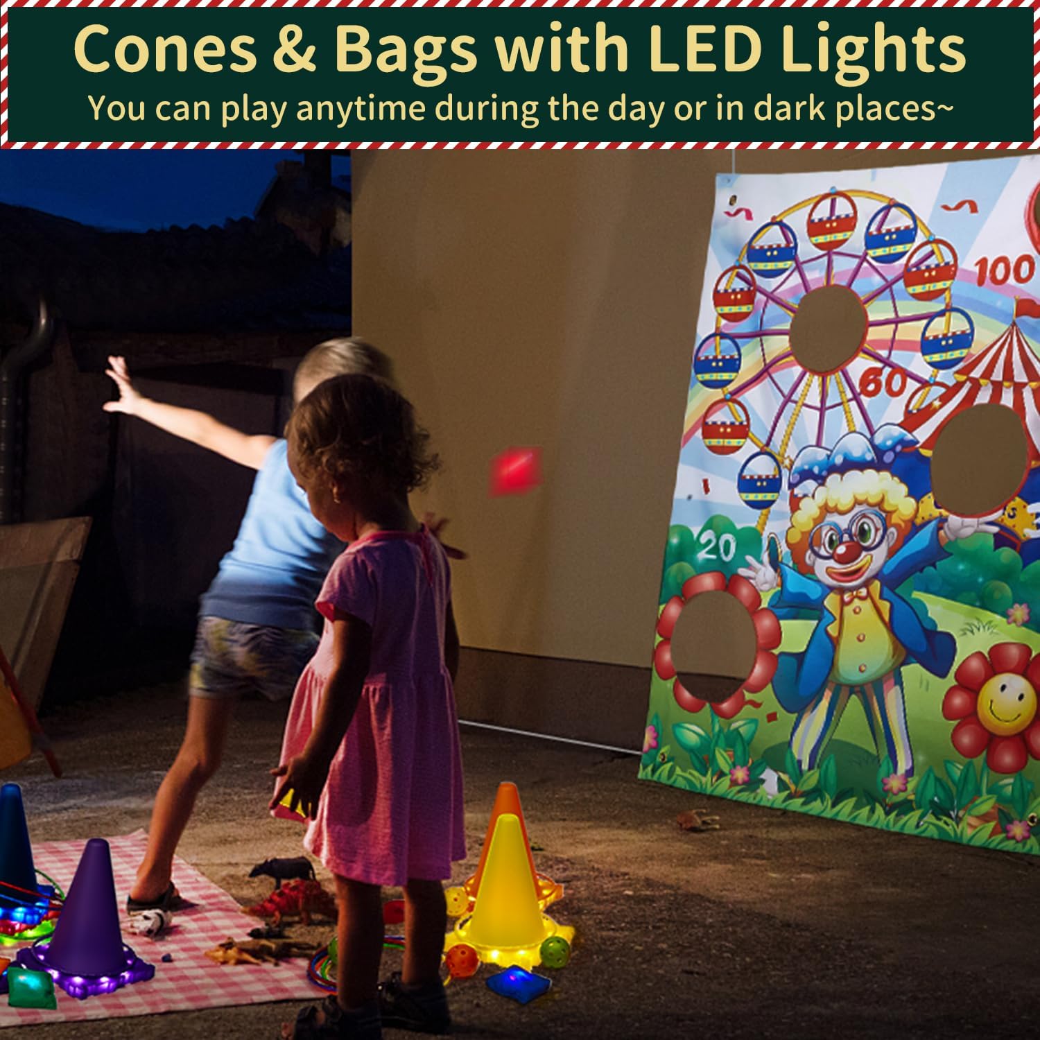 33PCS 5-in-1 LED Carnival Outdoor Games Set for Kids Ages 4-12 - Bean Bag Toss, Ring Toss & LED Cones - Fun Family Backyard Games for Birthday Parties, Picnics & Summer Outdoor Activities