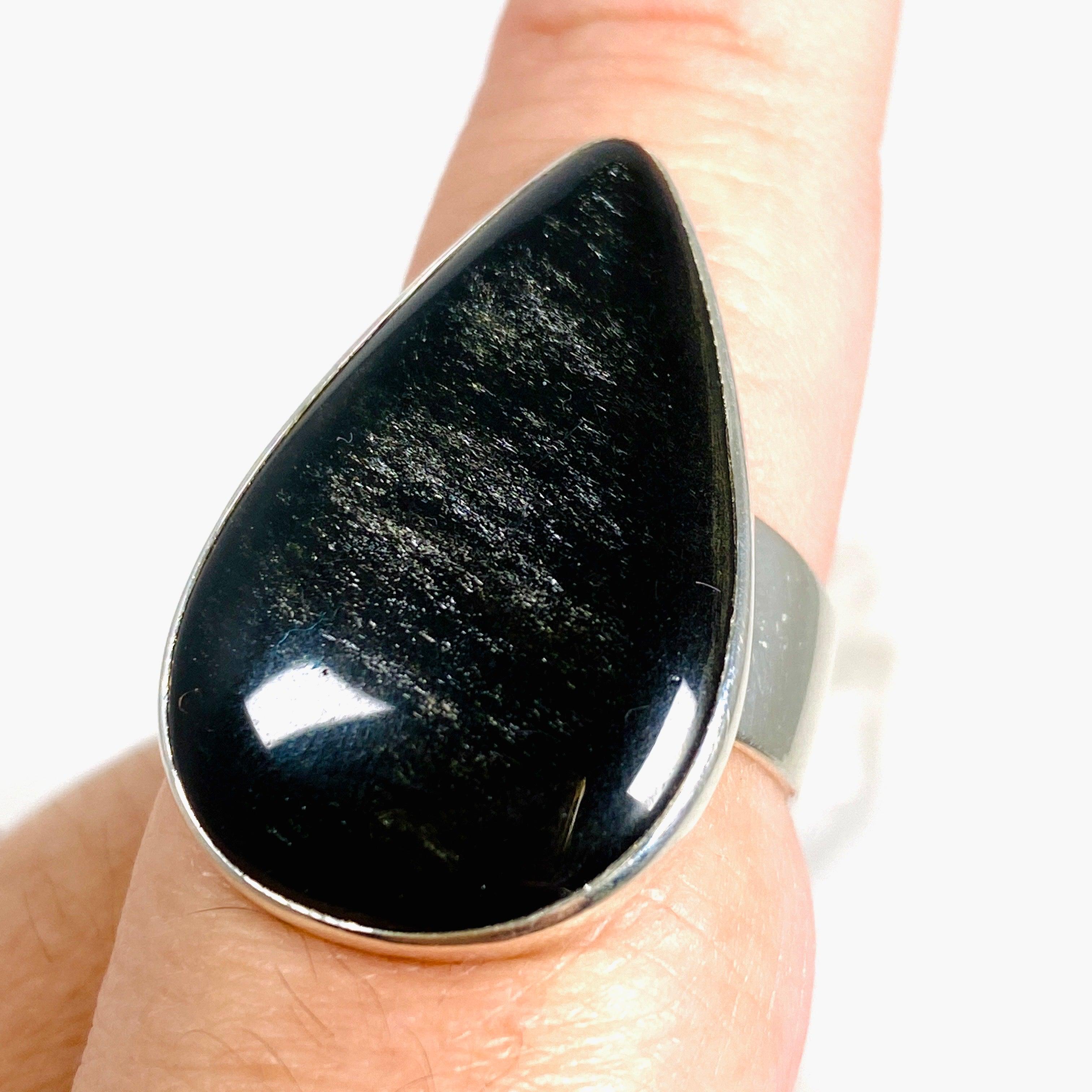 Silversheen Obsidian Teardrop Ring - Size 9 (KRGJ2925) | Elegant Gothic Jewelry for Women, Perfect for Evening Parties & Special Occasions