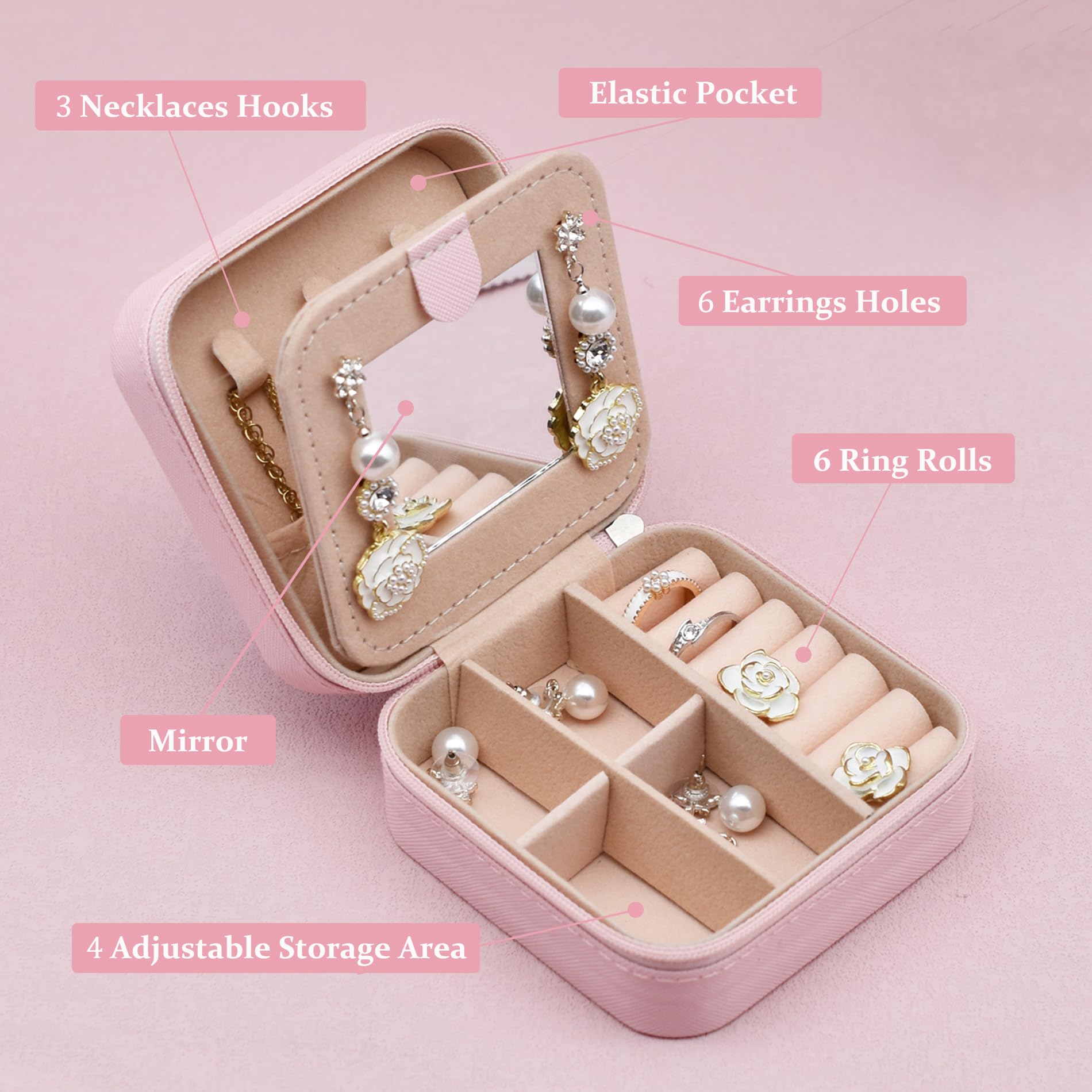 MODENGKONGJIAN Women's Travel Jewelry Organizer Box - Compact Pink Jewelry Case for Rings, Necklaces & Earrings | Personalized Initial Gift | Perfect for Vacation, Business Trips & Christmas Presents