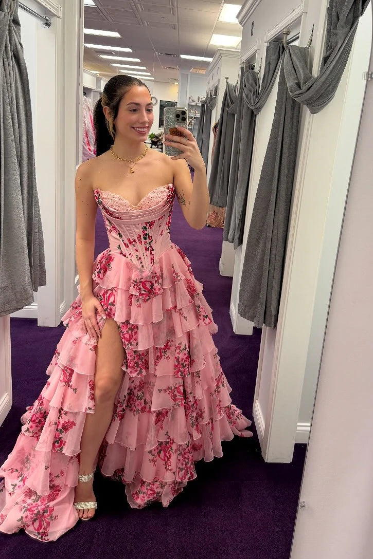 Elegant A-Line Tiered Floral Pink Prom Dress with Sweetheart Neckline and Ruffles - Perfect for Homecoming, Prom, and Formal Events