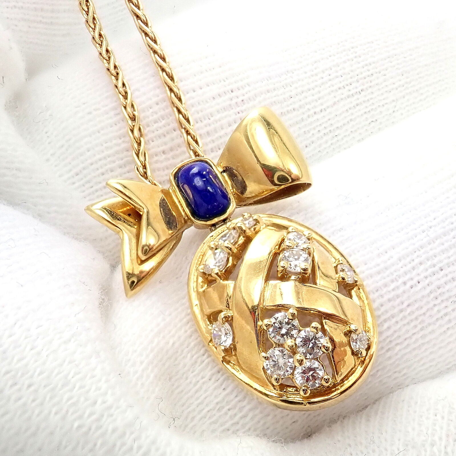 Authentic Christian Dior 18k Yellow Gold Lapis Diamond Egg Pendant Necklace - Luxury Jewelry Gift for Women, Perfect for Weddings & Special Occasions