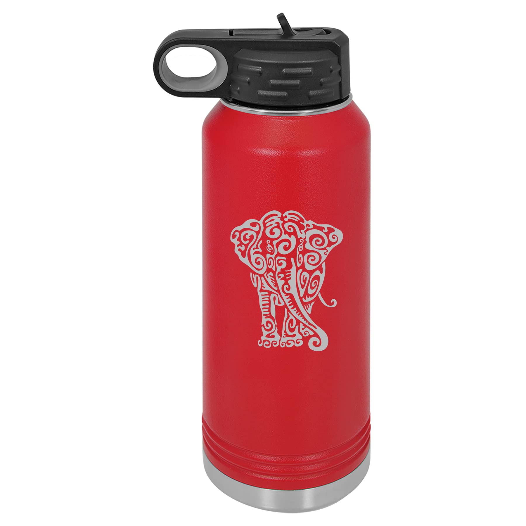 32 oz. Double Wall Vacuum Insulated Stainless Steel Water Bottle - Leakproof Travel Mug with Tribal Elephant Design (Red) - Perfect for Hiking, Gym & Office Use