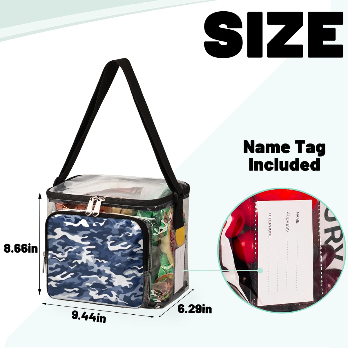 GzLeyigou Fashion Blue & White Camouflage Pattern Clear Tote Bag with Handles - Transparent Crossbody Shoulder Bag for Lunch, Outdoor, Travel, Picnic, Concerts & Sports Events - Stadium Approved Multipurpose Carryall for Shopping, Beach & Daily Use