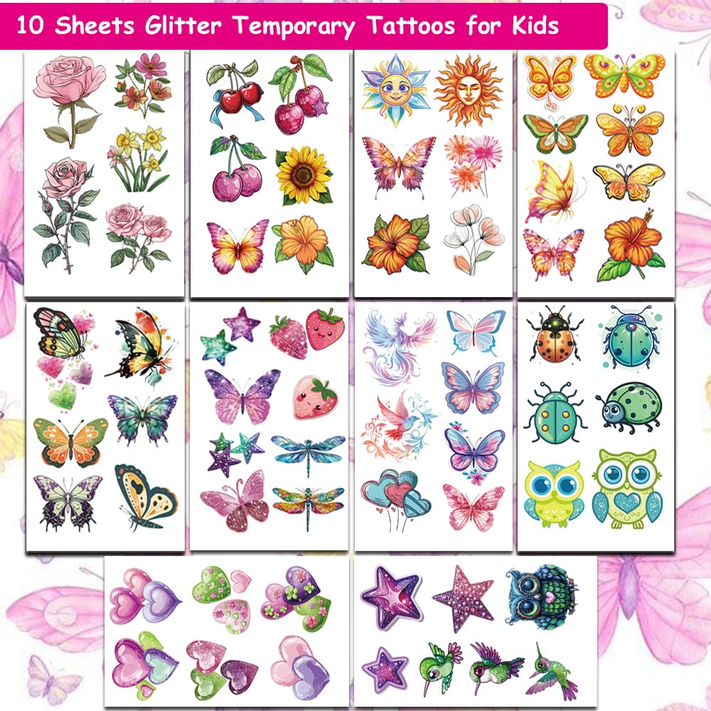 Glitter Temporary Tattoos for Girls - 10 Sheets with Flowers, Birds, Butterflies & Hearts | Kids Birthday Party Supplies, Gifts & Decorations | Perfect for Birthday Parties, Festivals, Themed Events & DIY Crafts