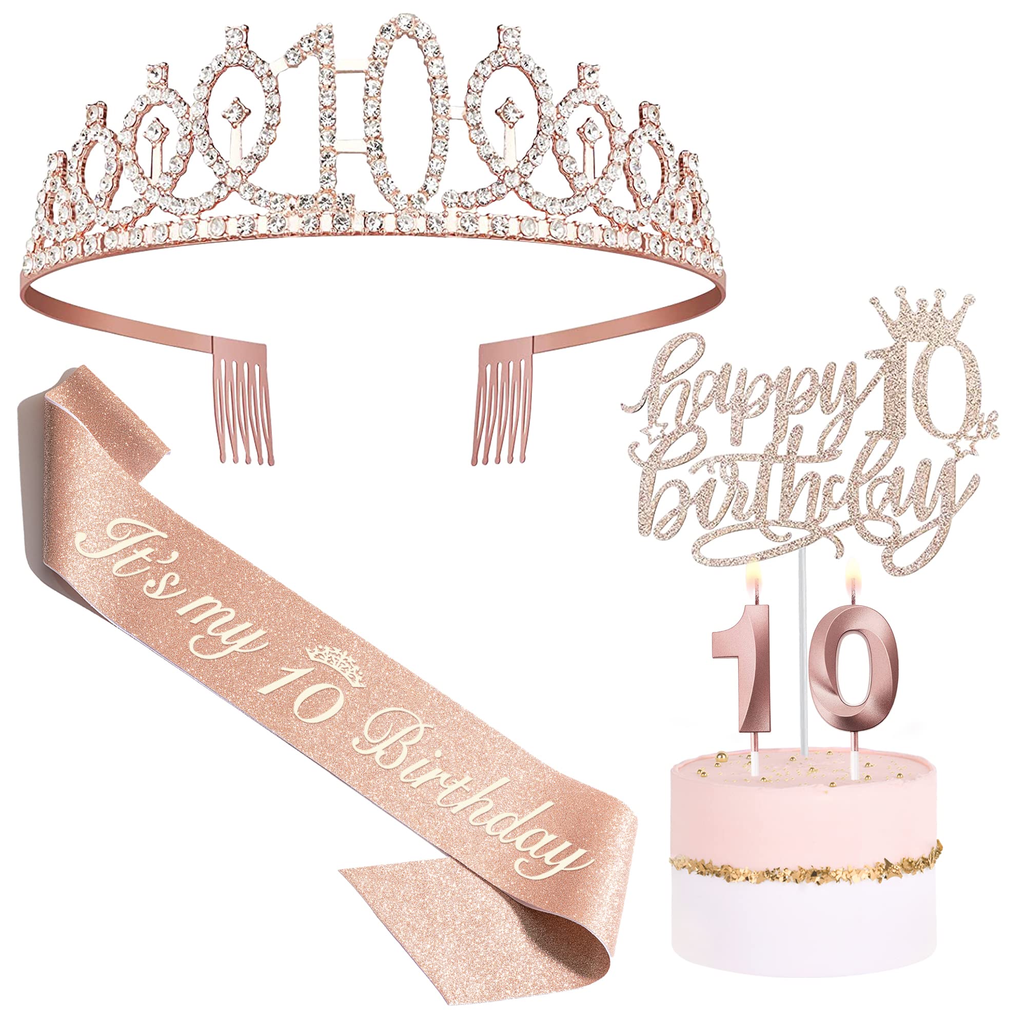 Bella Meri 10th Birthday Party Set for Girls - Sparkling Tiara Crown, Satin Sash, Cake Toppers & Birthday Candles - Complete 10th Birthday Decorations Kit for Women | Perfect for Birthday Parties, Milestone Celebrations & Special Occasions