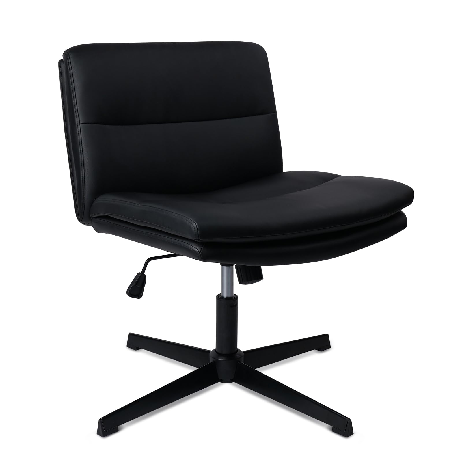 KLASIKA Armless Desk Chair No Wheels - Ergonomic Cross Legged Office Chair with Adjustable Swivel & Thick PU Leather Padding - Wide Seat Computer Chair for Home, Bedroom or Office - Black (Set of 1) - Perfect for Small Spaces, Meditation & Compact Workstations