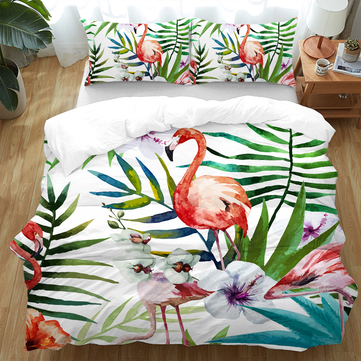 Flamingo Tropical Bedding Set - Queen Size 4-Piece Comforter Set with Pillow Shams - Soft Breathable Cotton for Summer & Beach Themed Bedroom Decor