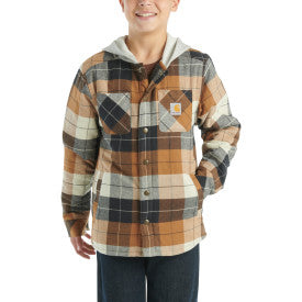 Carhartt Youth Boys Long Sleeve Flannel Button Down Hooded Shirt Jacket - Warm Brown Plaid for Outdoor Activities & Casual Wear