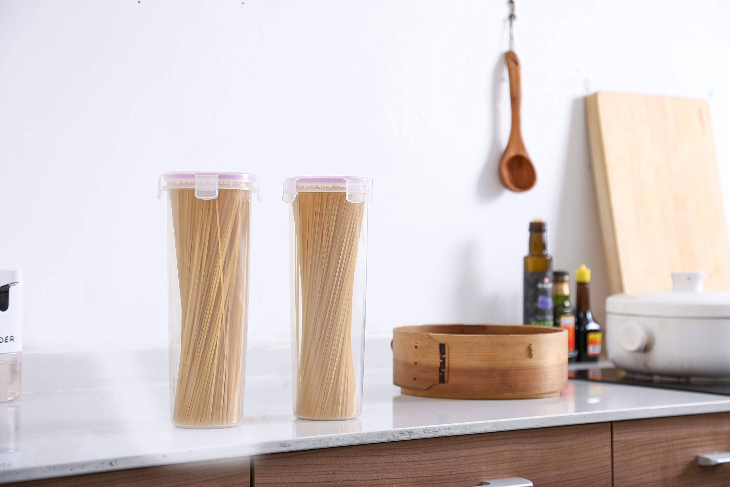 Komax Airtight Spaghetti Storage Containers - BPA-Free Plastic Pasta Canisters with Lids - Set of 2 Round Dry Food Containers for Pantry Organization - Perfect for Spaghetti, Macaroni & Cereal Storage - Dishwasher Safe & Leakproof Kitchen Containers for Home & Restaurant Use