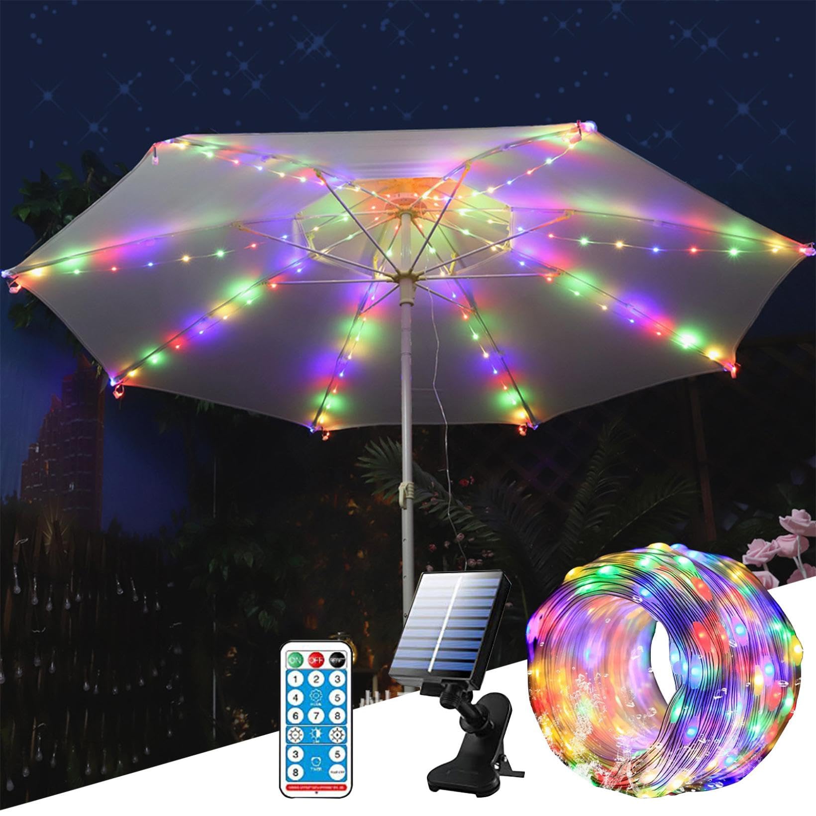 Solar Powered Patio Umbrella String Lights - 8 Color Modes Bright LED Outdoor Lights with Remote Control for Garden, Camping & Backyard Decor | Perfect for Patio Umbrellas, Tents, Pergolas & Outdoor Parties