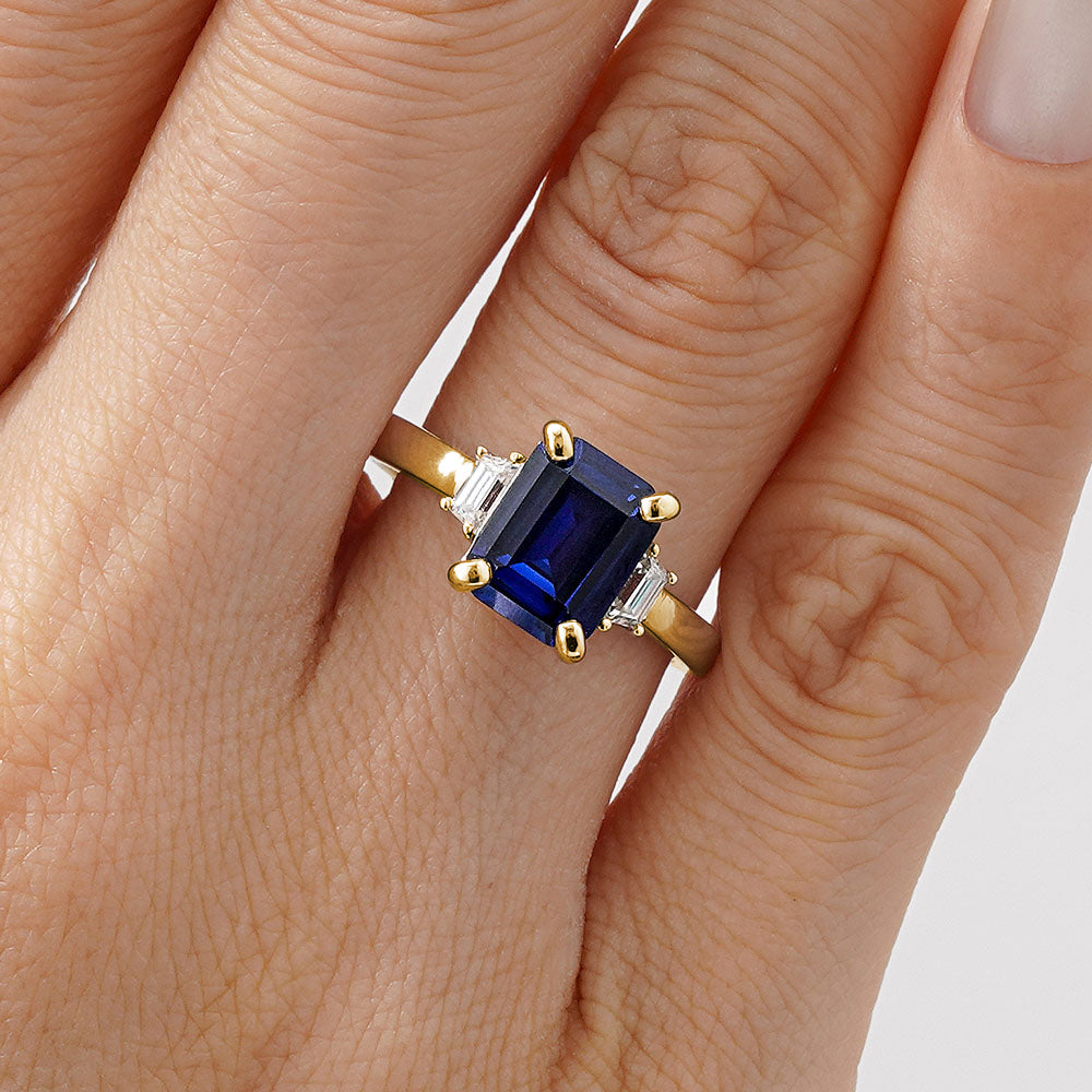Exquisite Emerald Cut Blue Sapphire & White Sapphire Three Stone Ring – Elegant Jewelry for Engagement, Wedding & Special Occasions
