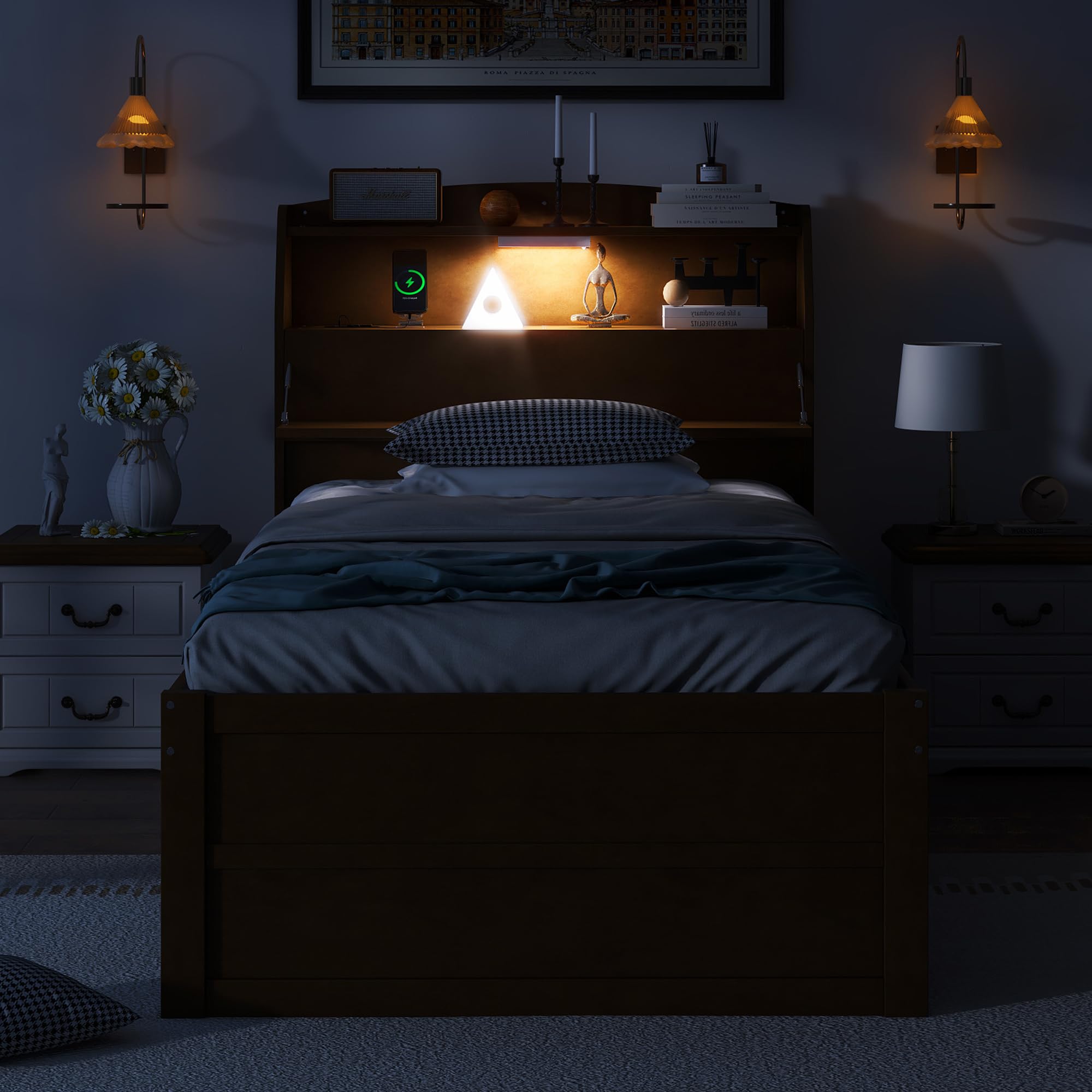 Wooden Twin Bed Frame with Trundle & Bookcase Headboard - Twin Size Captain Platform Bed with USB Charging Station & LED Lights for Kids, Teens, Boys & Girls - Brown - Perfect for Small Bedrooms, Guest Rooms & Kids' Rooms