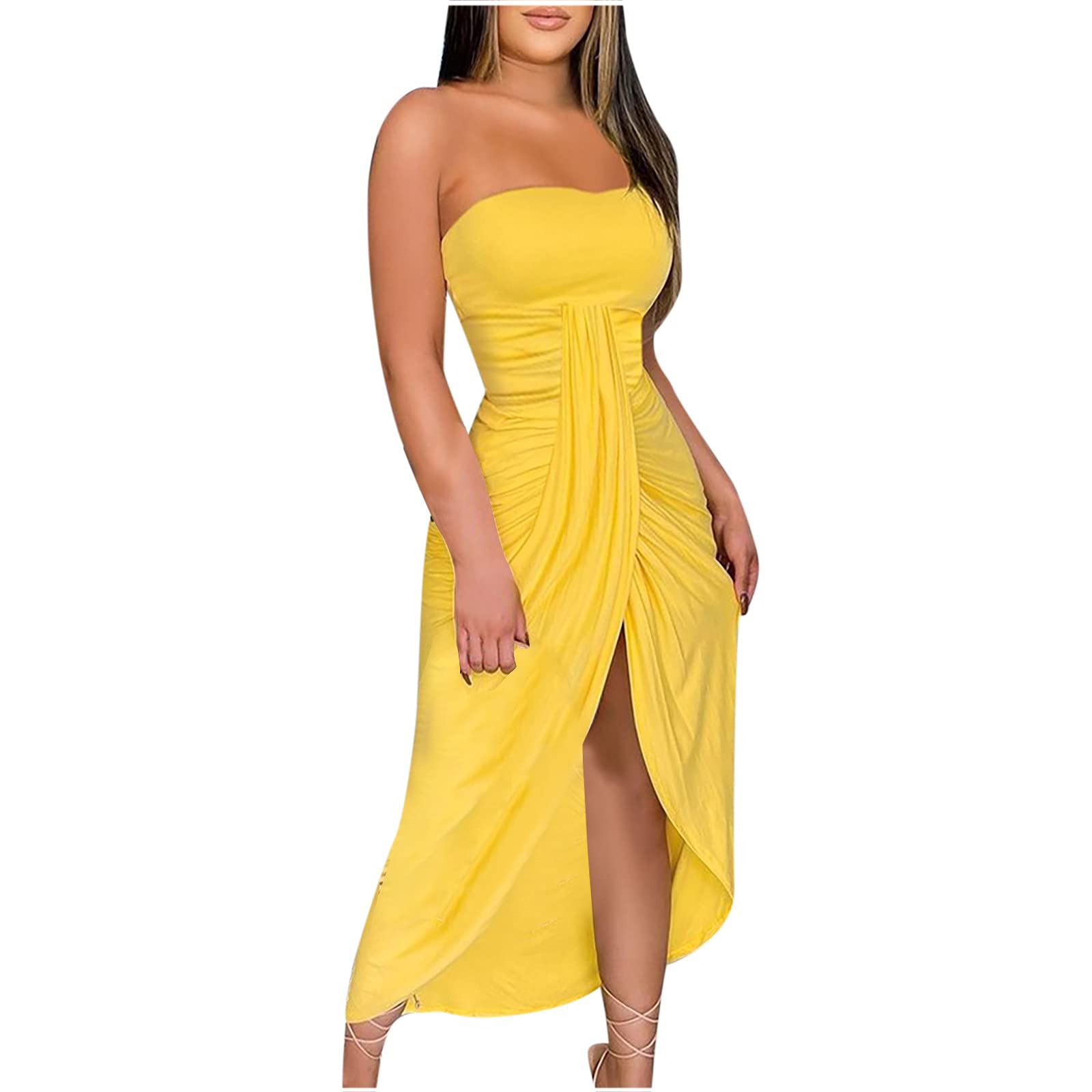 Elegant JOAU Women's Strapless High Slit Long Maxi Dress - Perfect for Weddings, Parties, Nightclubs & Cocktail Events | Flattering Sexy Formal Gown for Special Occasions