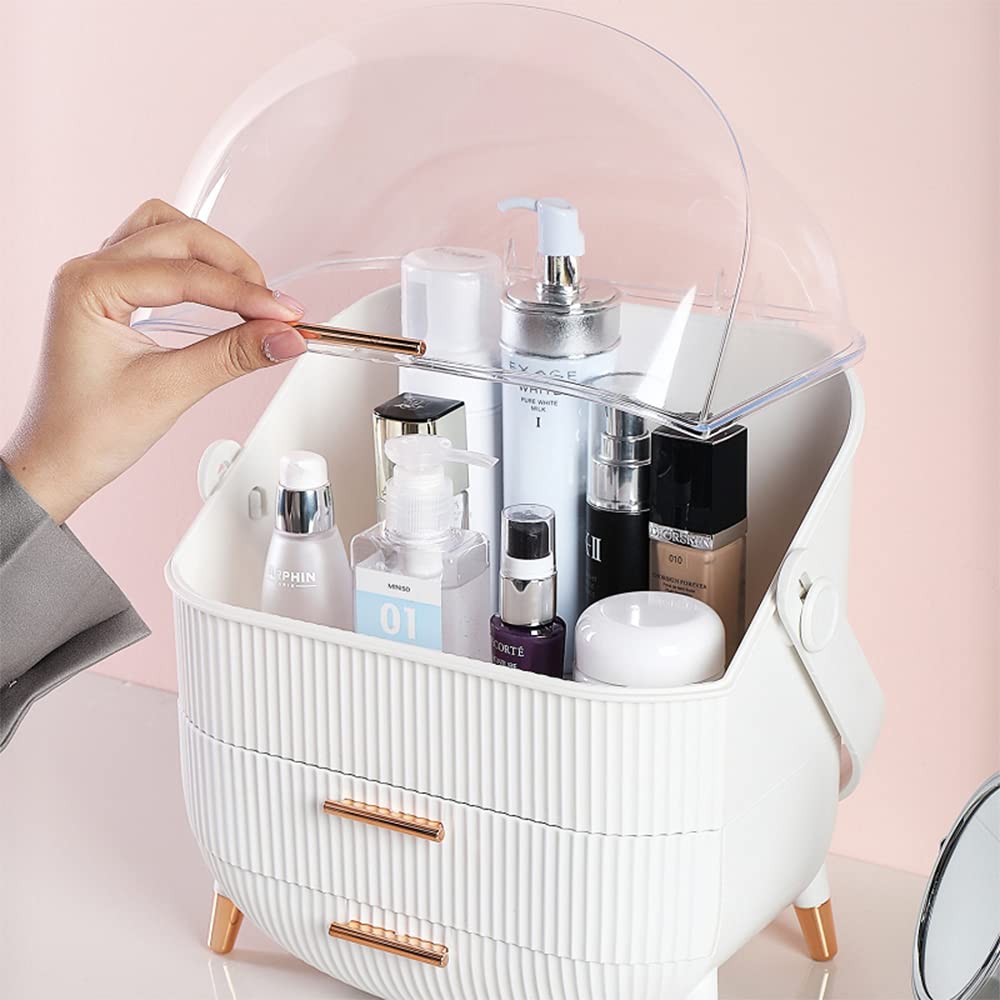 Portable Makeup Organizer with Dust-Free Cover & Waterproof Lid - Cosmetic Storage Box with Handle, Dust-Proof Drawers - Perfect for Bathroom, Dresser, Vanity & Travel (White)