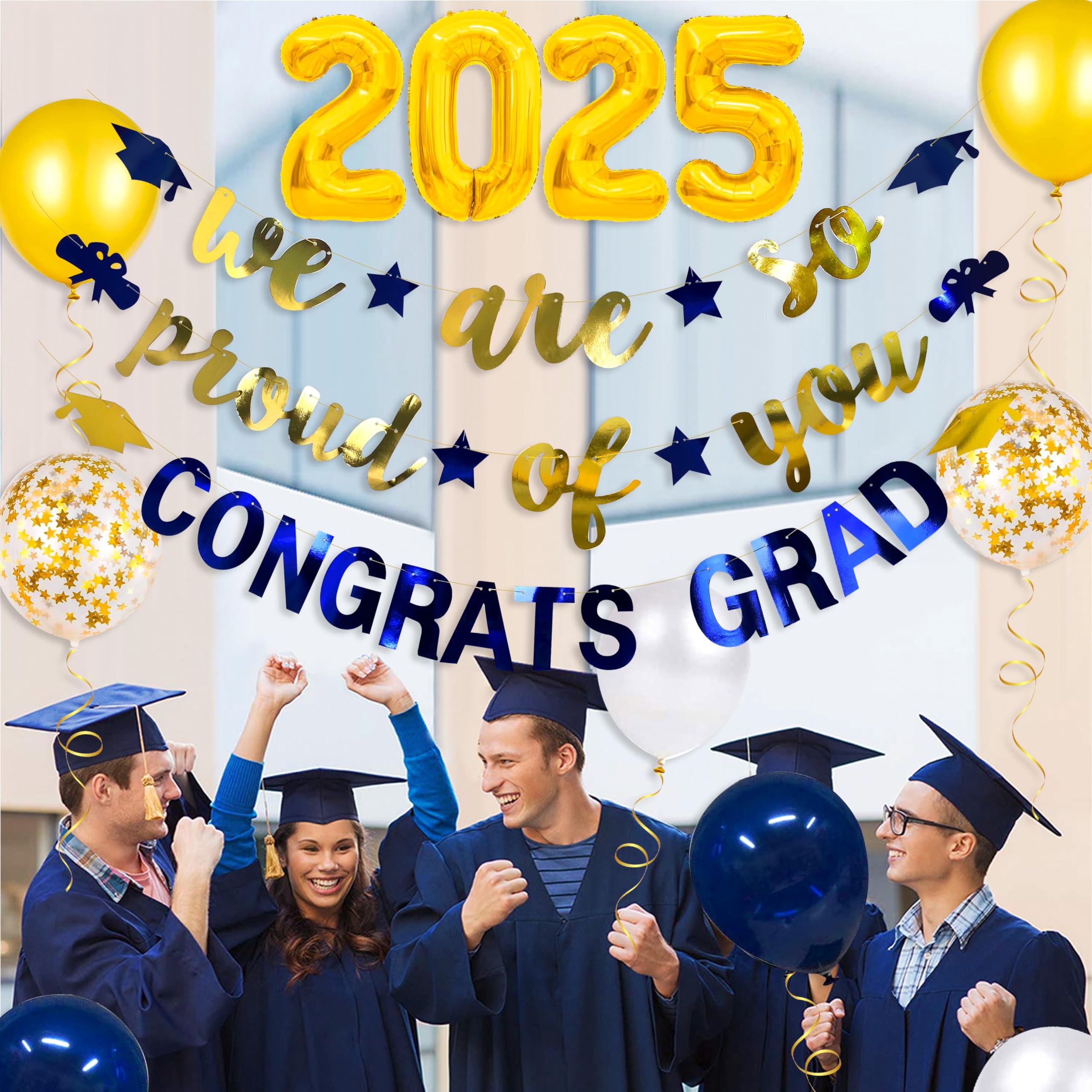 2025 Graduation Party Decorations - Navy Blue & Gold Foil Balloons, Congrats Grad Banner, Cap Diploma Star Garland - Perfect for 2025 Graduation Ceremonies, Parties & Celebrations