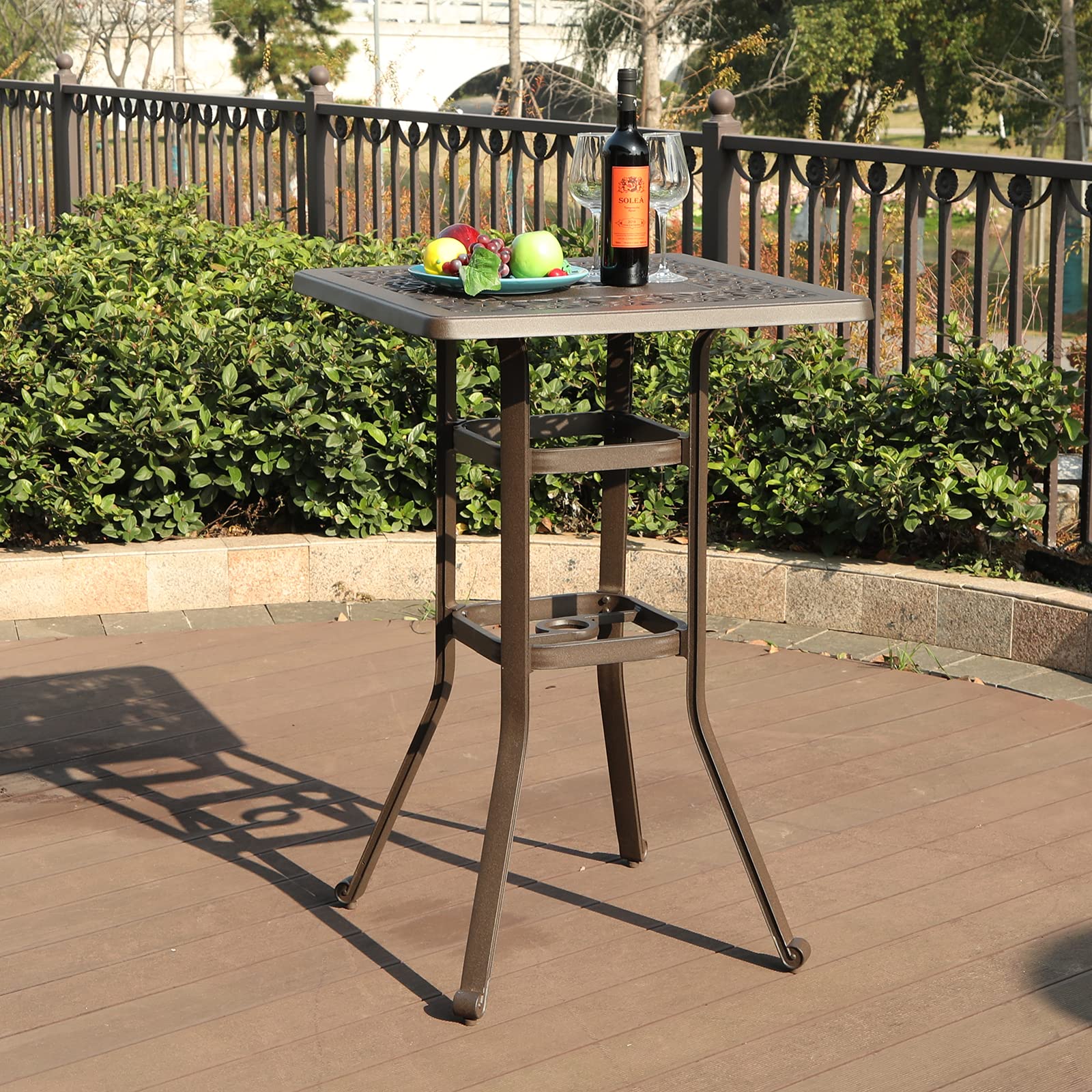MFSTUDIO 27.5 Inch Square Cast Aluminum Bar Height Patio Table - 42 Inch Tall Outdoor Dining Table with 1.75 Inch Umbrella Hole - Perfect for Bistro, Backyard, Poolside, Garden, Deck, and Outdoor Entertaining - Brown